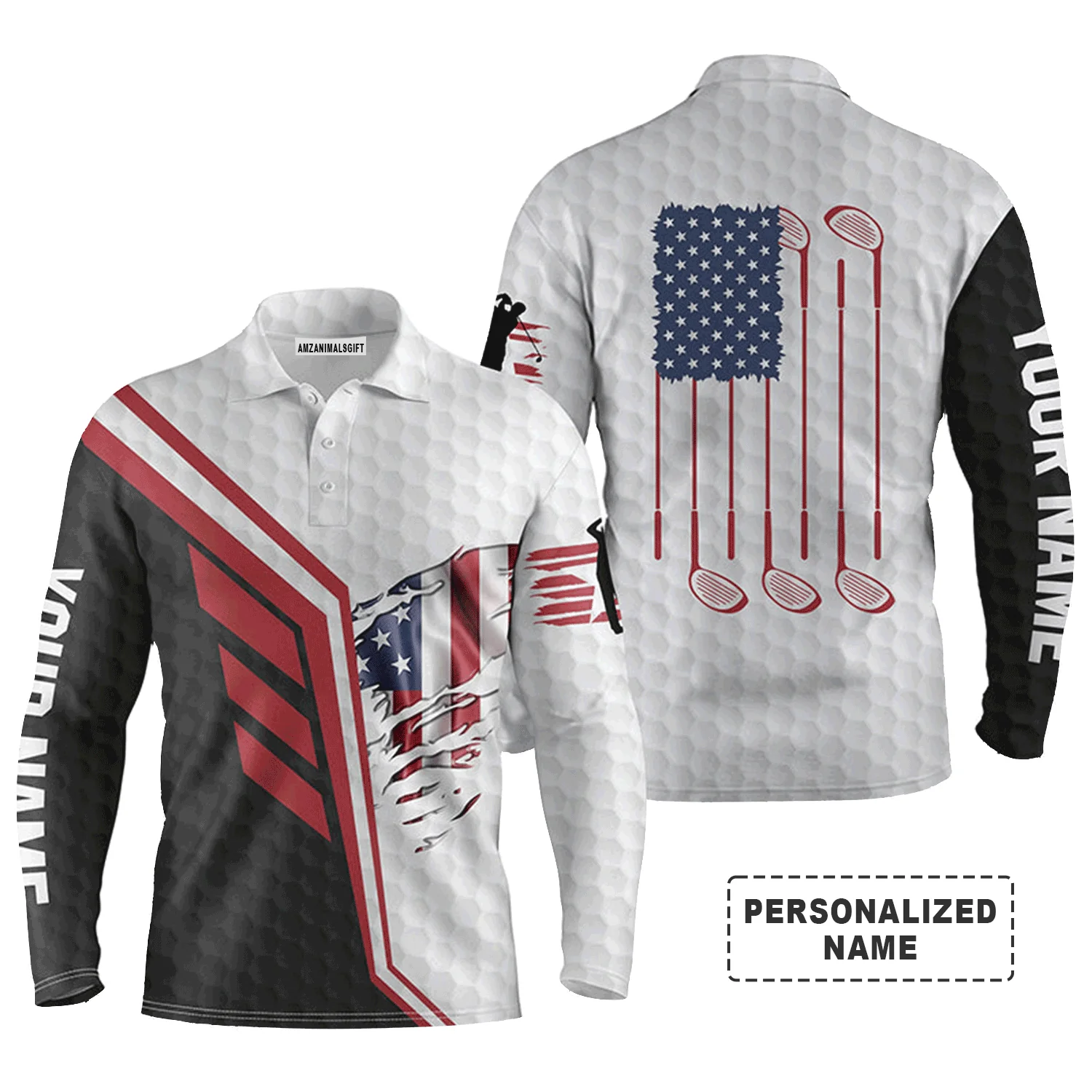 Custom Golf Long Sleeve Men Polo Shirt - American Flag Golf Clubs White Golf Balls Skin Custom Name Men Golf Polo Shirt - Perfect Polo Shirt For Men - Image 2