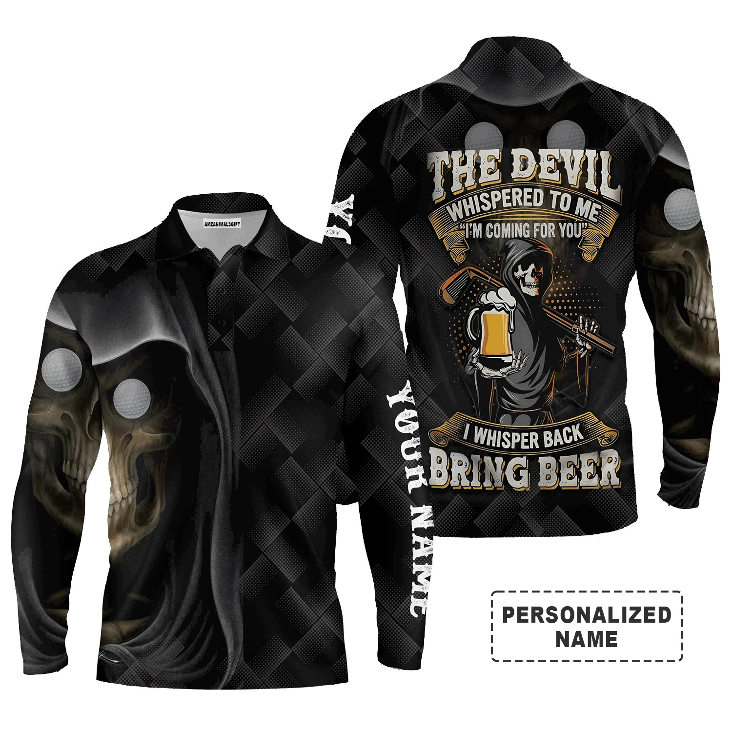 Custom Golf Long Sleeve Men Polo Shirt - Beer And Golf Men Polo Shirt - The Devil Whispered To Me, Bring Beer Polo Shirt For Men - Image 2