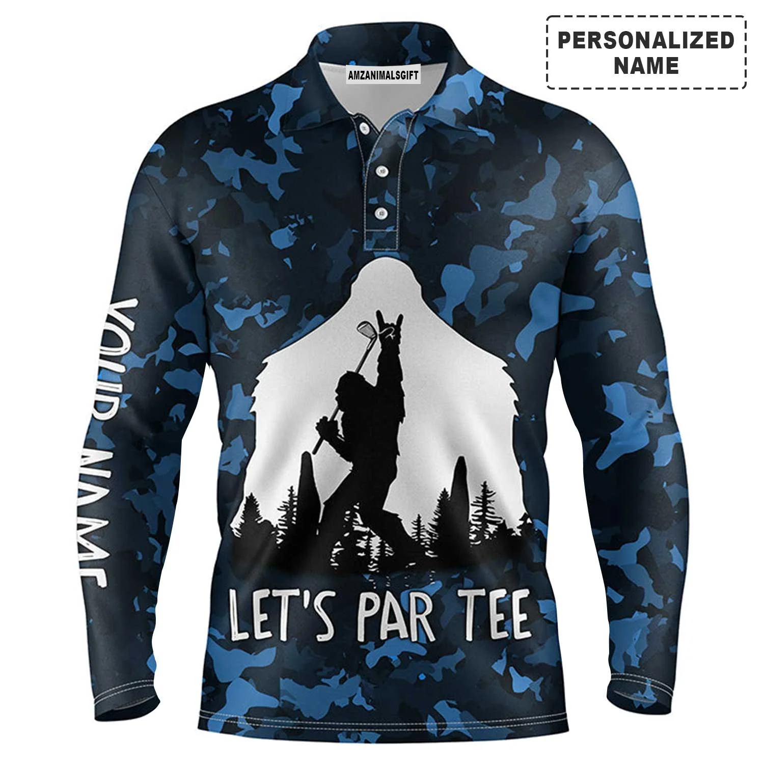 Custom Golf Long Sleeve Men Polo Shirt - Bigfoot Golf Custom Name, Funny Bigfoot Blue Camo Custom Polo Shirt - Perfect Polo Shirt For Men, Golfers - Image 2