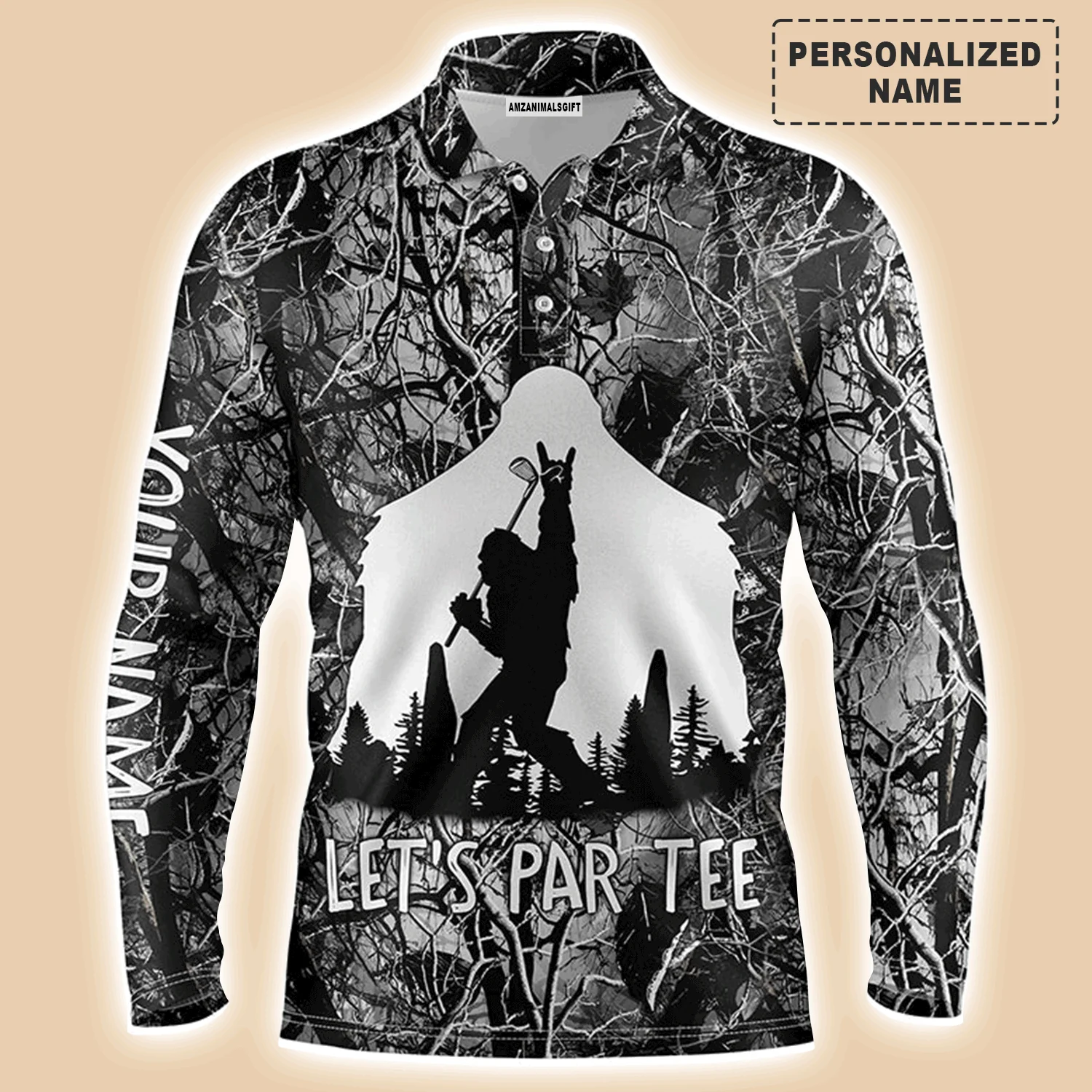 Custom Golf Long Sleeve Men Polo Shirt - Bigfoot Golf Custom Name Men Polo Shirt, Funny Bigfoot Let's Par Tee Polo Shirt For Men, Golf Lover