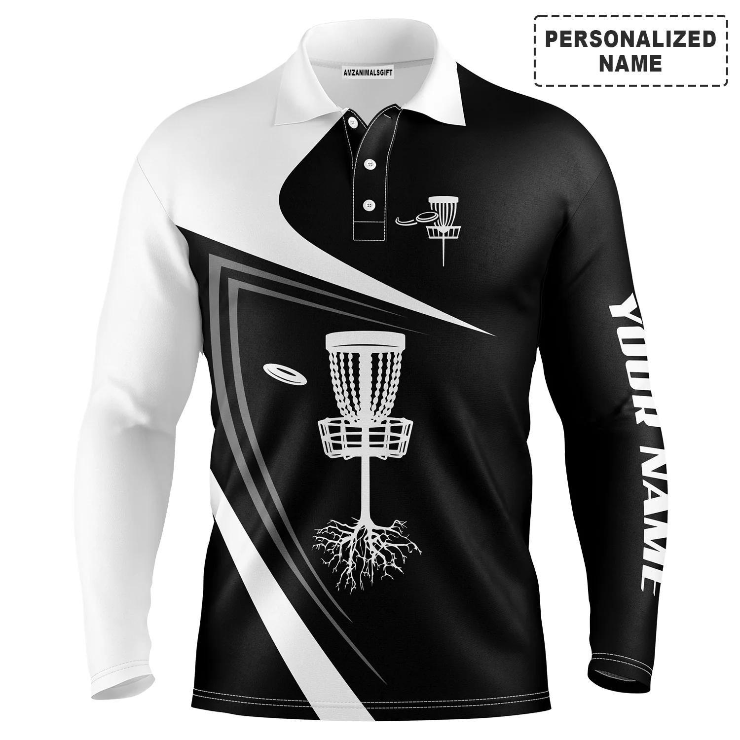 Custom Golf Long Sleeve Men Polo Shirt - Black And White Disc Golf Basket Apparel Men Polo Shirt-Perfect Polo Shirt For Men, Disc Golf Lover - Image 2