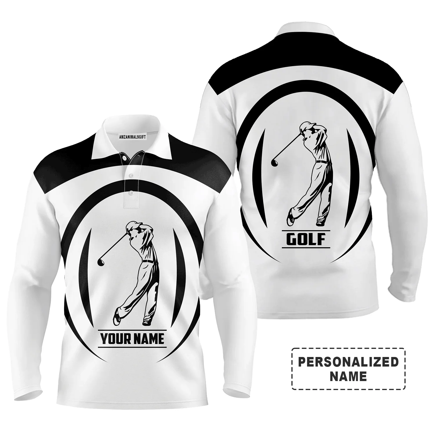 Custom Golf Long Sleeve Men Polo Shirt - Black And White Golfer Custom Name Apparel - Personalized Gift For Golf Lover, Team - Image 2