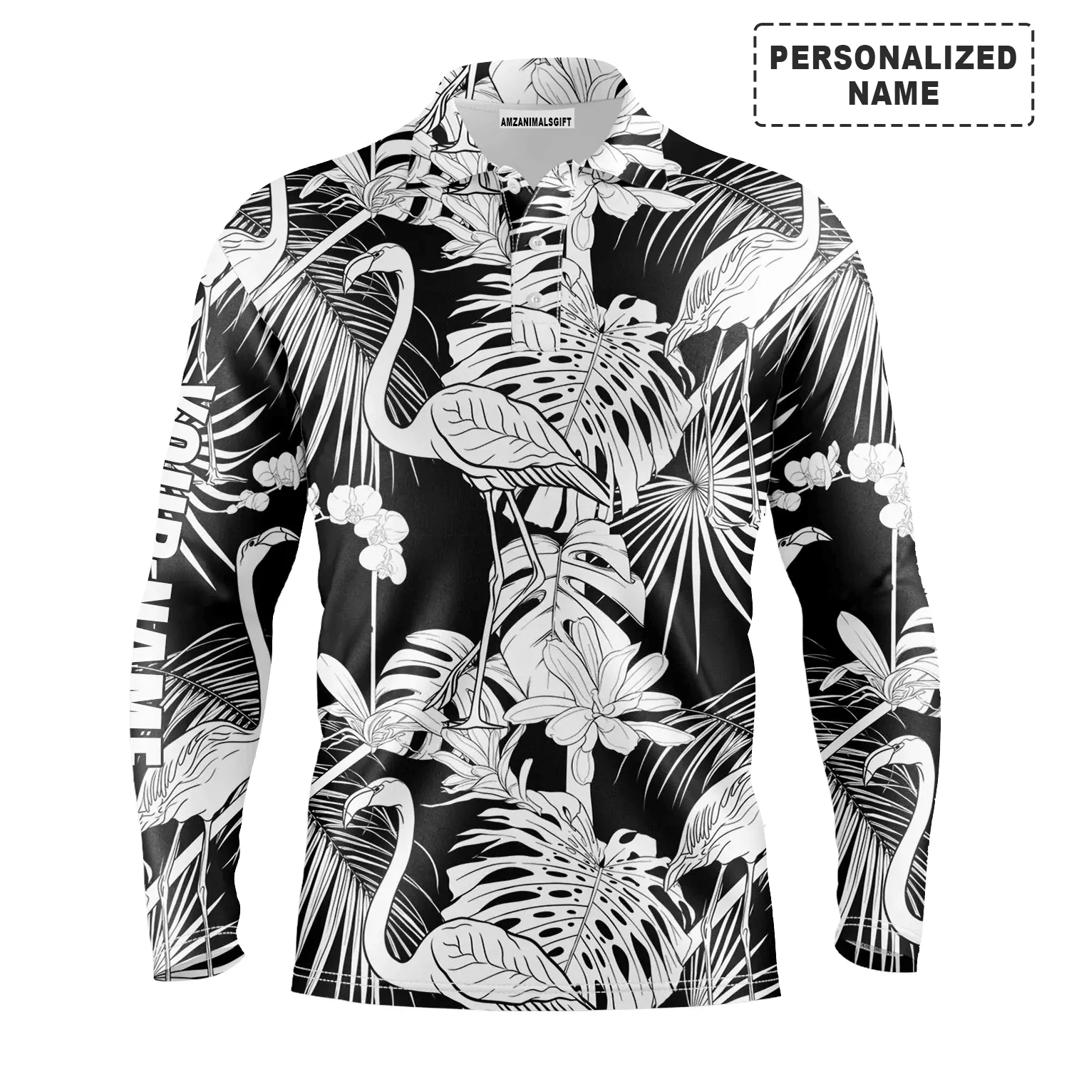 Custom Golf Long Sleeve Men Polo Shirt - Black And White Tropical Plants Flamingo Custom Name Apparel - Personalized Gift For Men, Golf Lover - Image 2