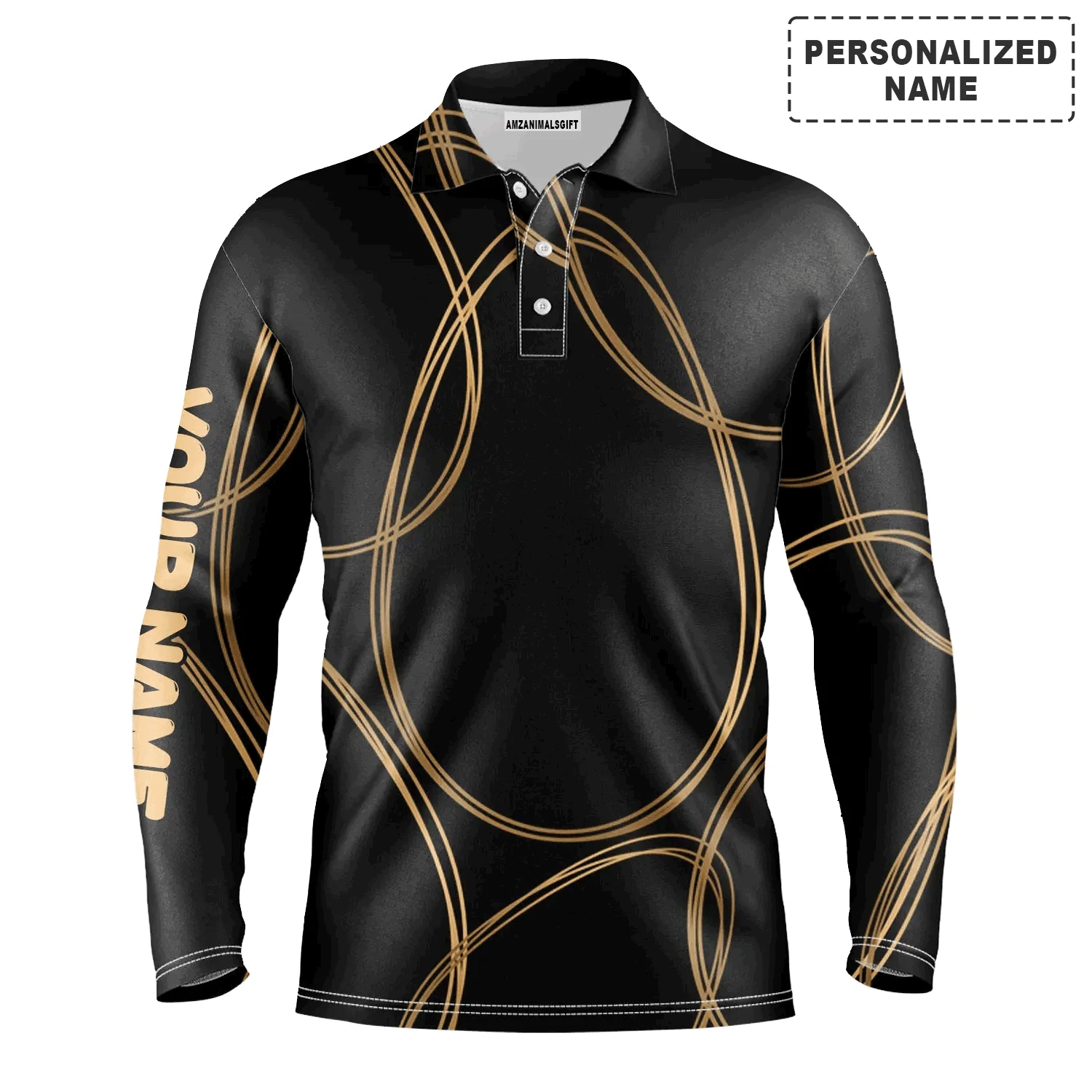 Custom Golf Long Sleeve Men Polo Shirt - Black Gold Egg Pattern Golf Men Polo Shirt - Perfect Polo Shirt For Men, Golfers - Image 2