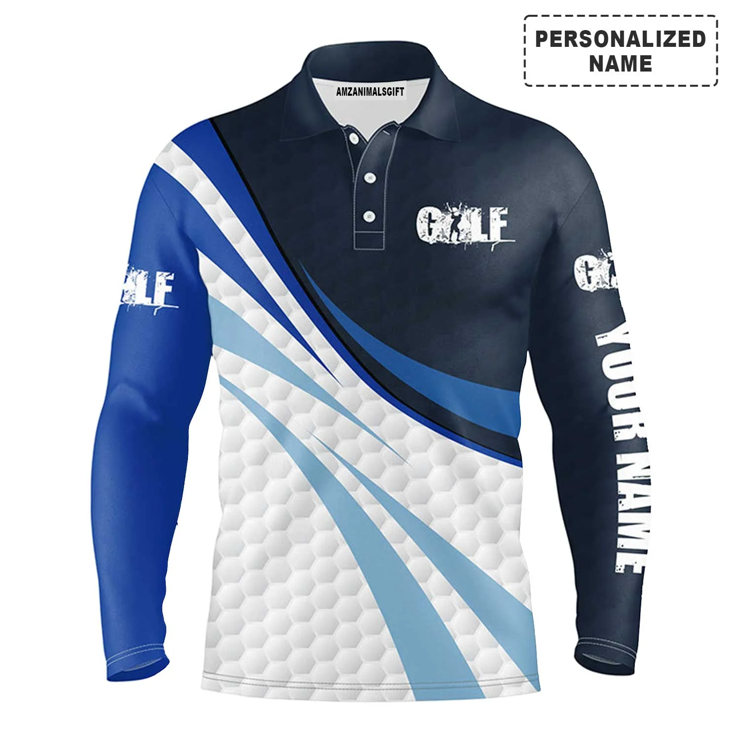Custom Golf Long Sleeve Men Polo Shirt - Blue And White Golf Balls Custom Name Apparel Men Polo Shirt - Personalized Gift For Golf Lover, Team, Golfer - Image 2