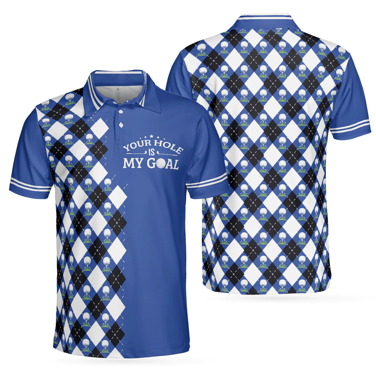 Custom Golf Long Sleeve Men Polo Shirt- Blue Argyle Pattern Your Hole Is My Goal Golf Polo Shirt- Perfect Gift For Men, Golf Lover - Image 2
