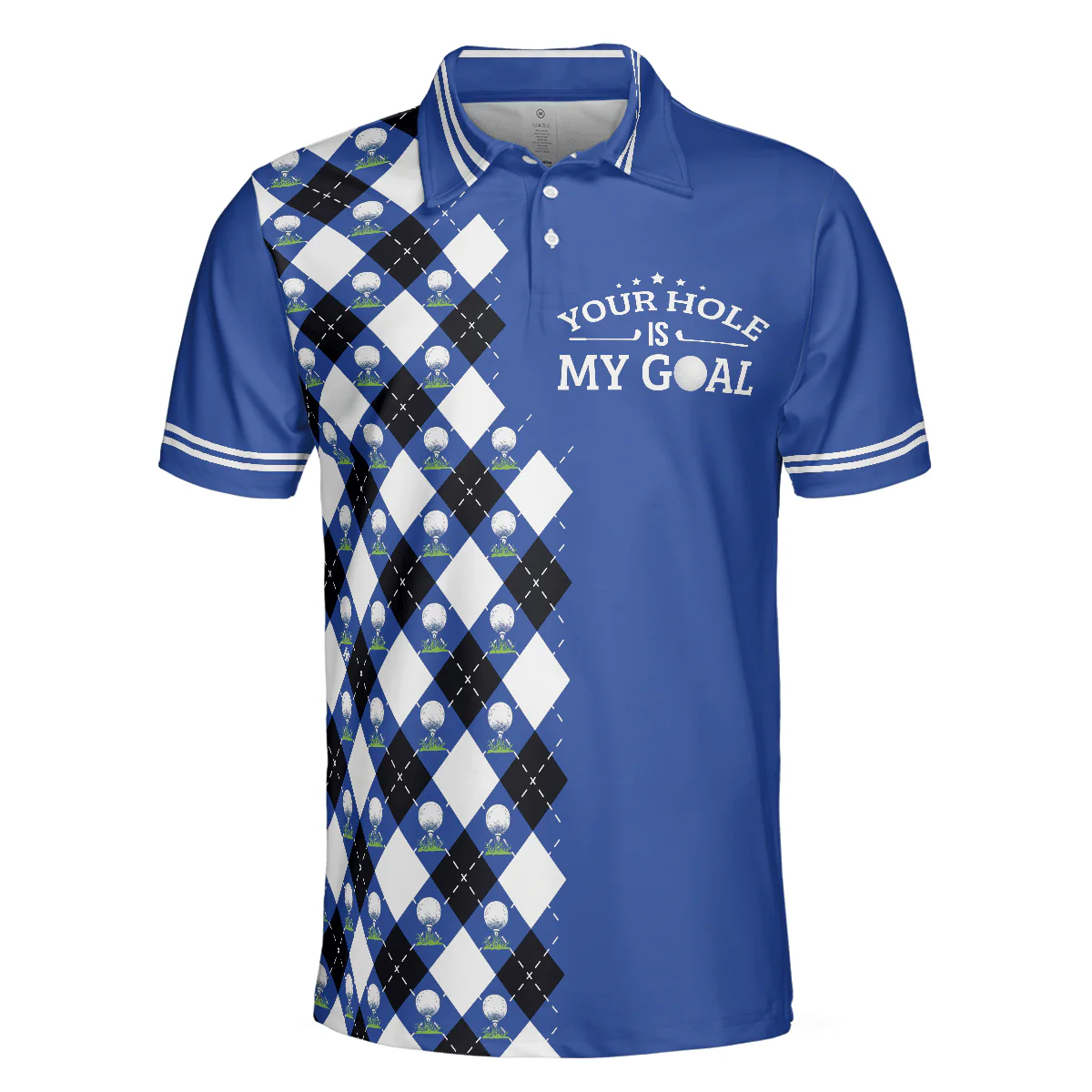 Custom Golf Long Sleeve Men Polo Shirt- Blue Argyle Pattern Your Hole Is My Goal Golf Polo Shirt- Perfect Gift For Men, Golf Lover - Image 4