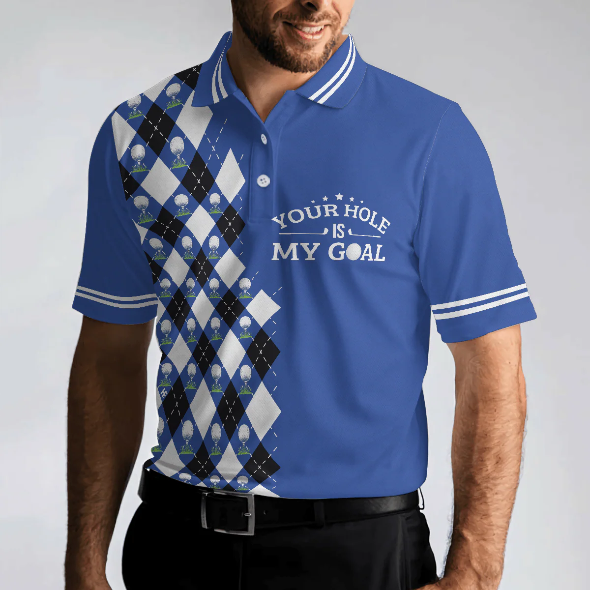 Custom Golf Long Sleeve Men Polo Shirt- Blue Argyle Pattern Your Hole Is My Goal Golf Polo Shirt- Perfect Gift For Men, Golf Lover - Image 6