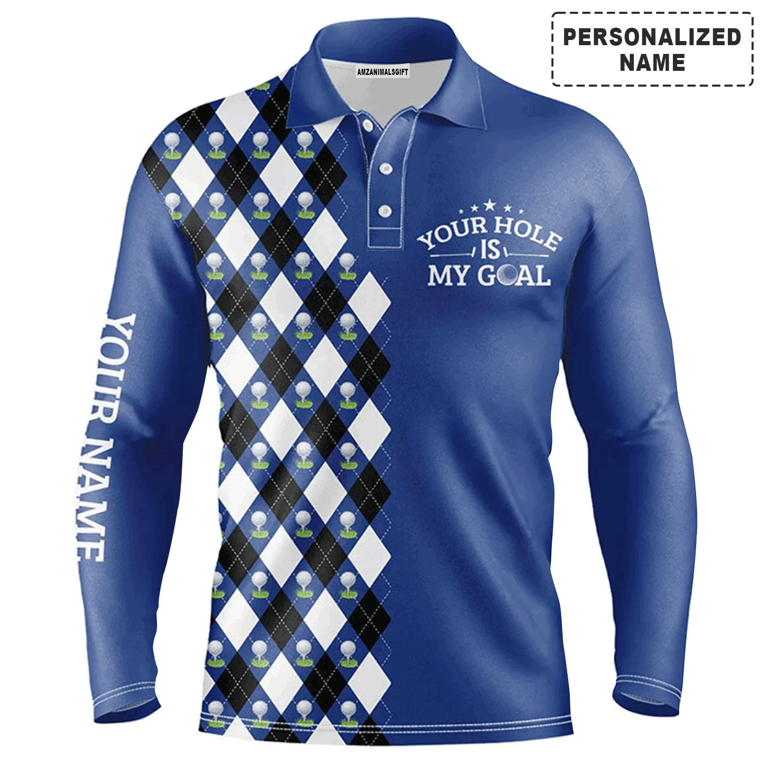 Custom Golf Long Sleeve Men Polo Shirt- Blue Argyle Pattern Your Hole Is My Goal Golf Polo Shirt- Perfect Gift For Men, Golf Lover - Image 7