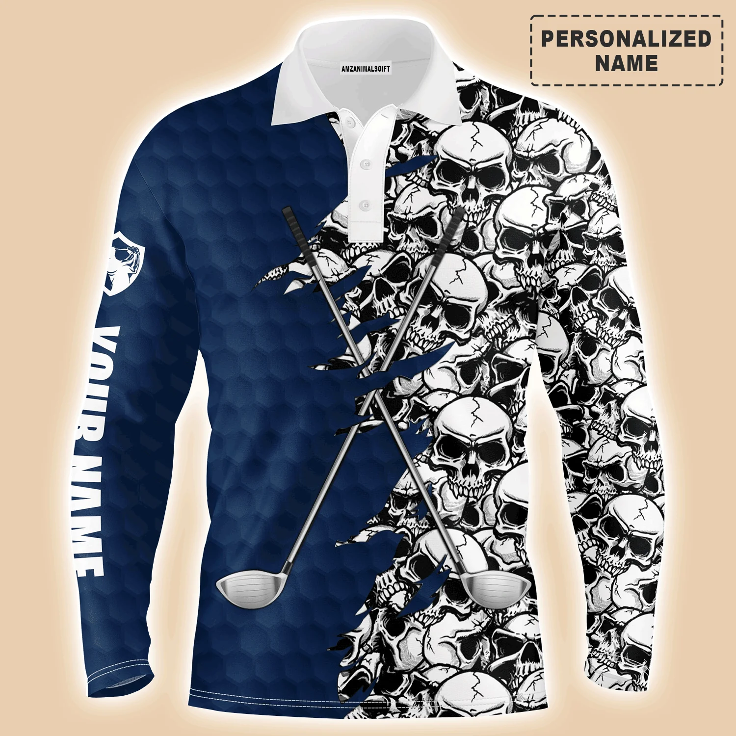 Custom Golf Long Sleeve Men Polo Shirt, Blue Pattern Skull golf Clubs Custom Name Golf Performance Apparel - Perfect Gift For Men, Golf Lovers - Image 2