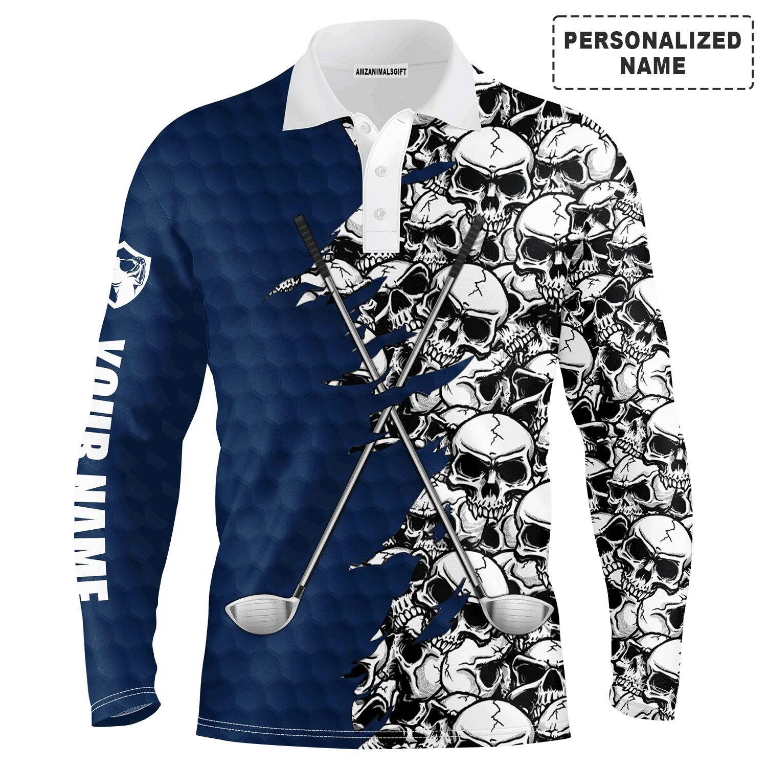 Custom Golf Long Sleeve Men Polo Shirt, Blue Pattern Skull golf Clubs Custom Name Golf Performance Apparel - Perfect Gift For Men, Golf Lovers - Image 3