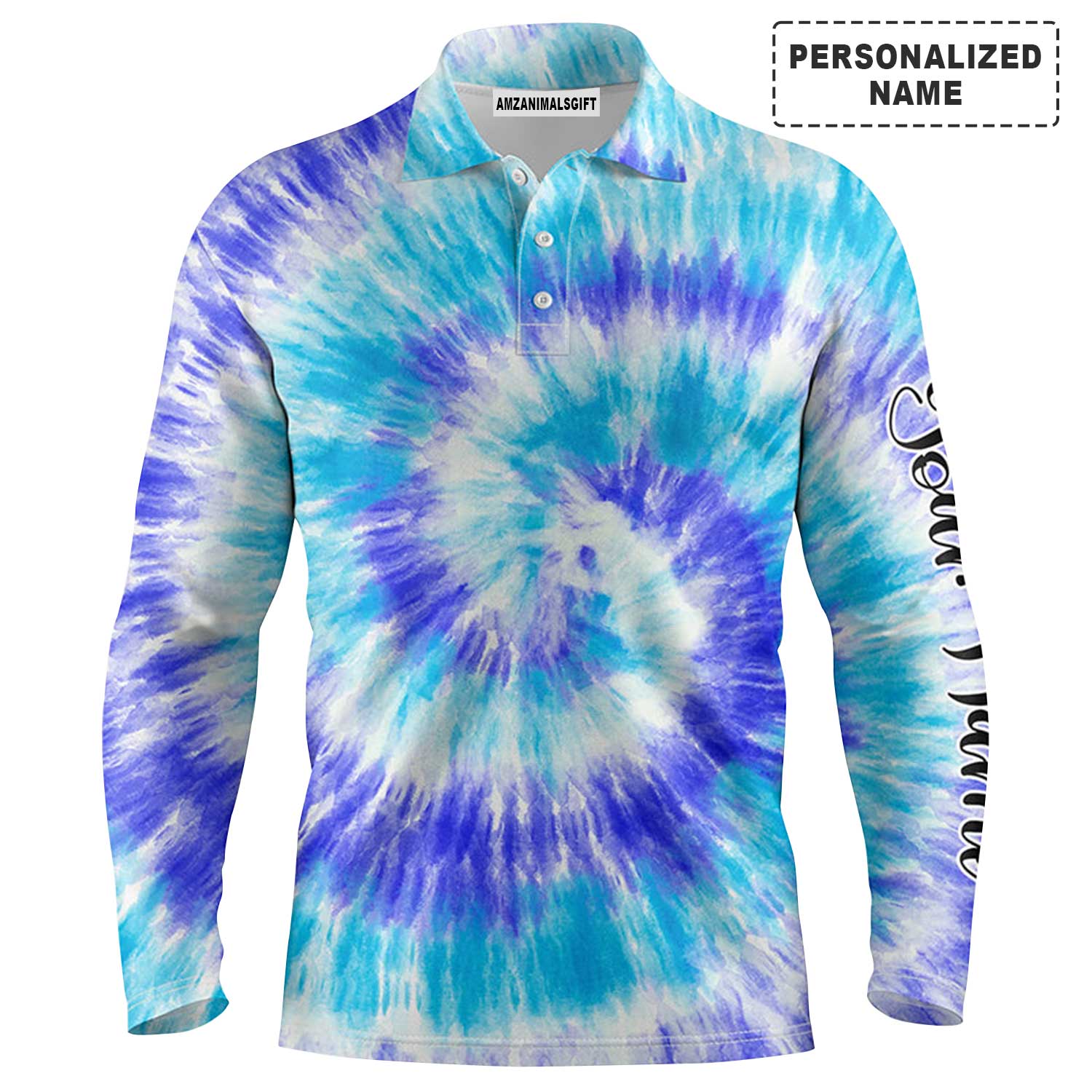 Custom Golf Long Sleeve Men Polo Shirt - Blue Turquoise Tie Dye Background Custom Name Golf Men Polo Shirt - Perfect Polo Shirt For Men, Golfers - Image 2