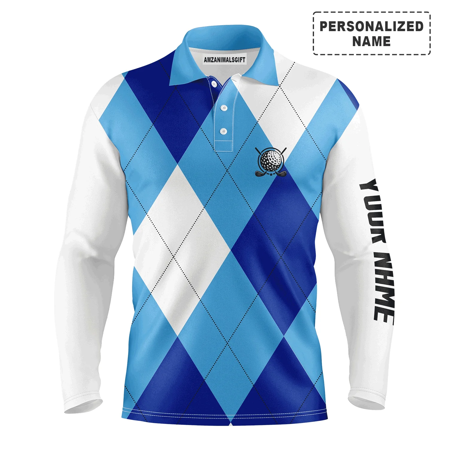 Custom Golf Long Sleeve Men Polo Shirt -Blue White Golf Pattern Custom Name Apparel-Personalized Gift For Golf Lover, Team, Golfer, Husband, Boyfriend - Image 2