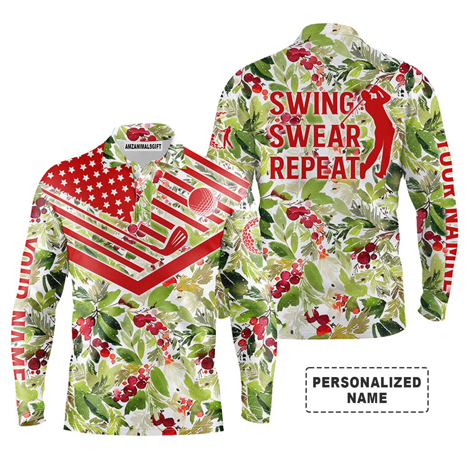 Custom Golf Long Sleeve Men Polo Shirt - Christmas Pattern American Flag Custom Name Black, Swing Swear Repeat Men Golf Polo Shirt- Perfect Polo Shirt For Men - Image 2