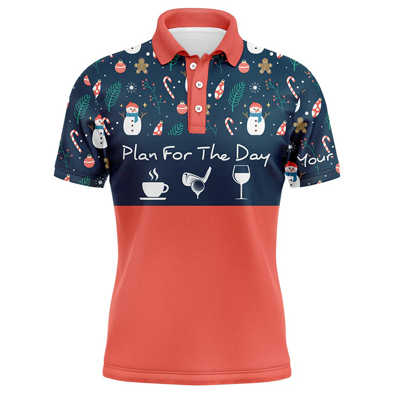 Custom Golf Long Sleeve Men Polo Shirt - Christmas Pattern Snowman Custom Name Apparel, Plan For The Day Coffee Golf Wine - Personalized Gift For Men, Golf Lover - Image 3