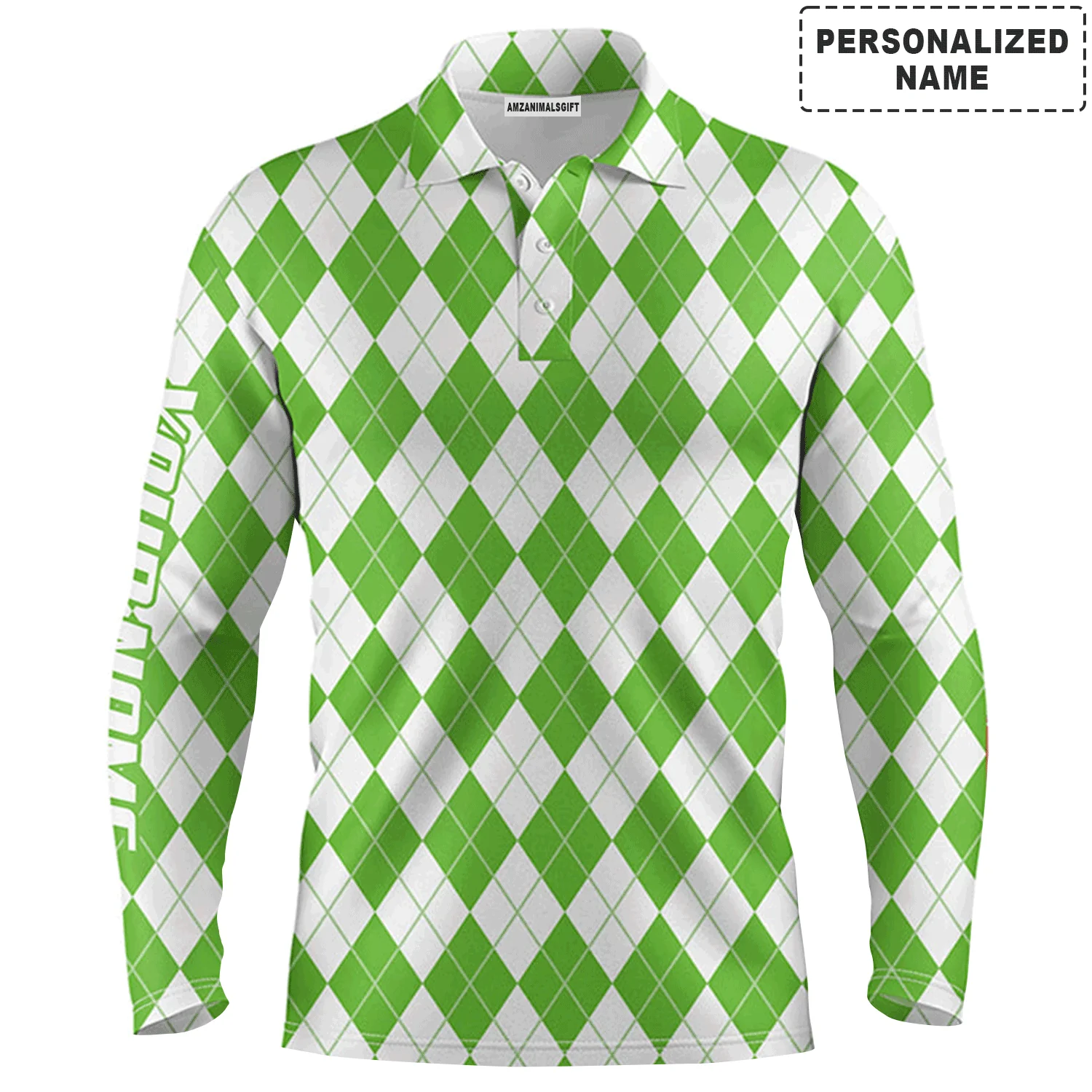 Custom Golf Long Sleeve Men Polo Shirt - Christmas Plaid Green And White Argyle Pattern Custom Name Polo Shirt For men, Golf Lover - Image 2