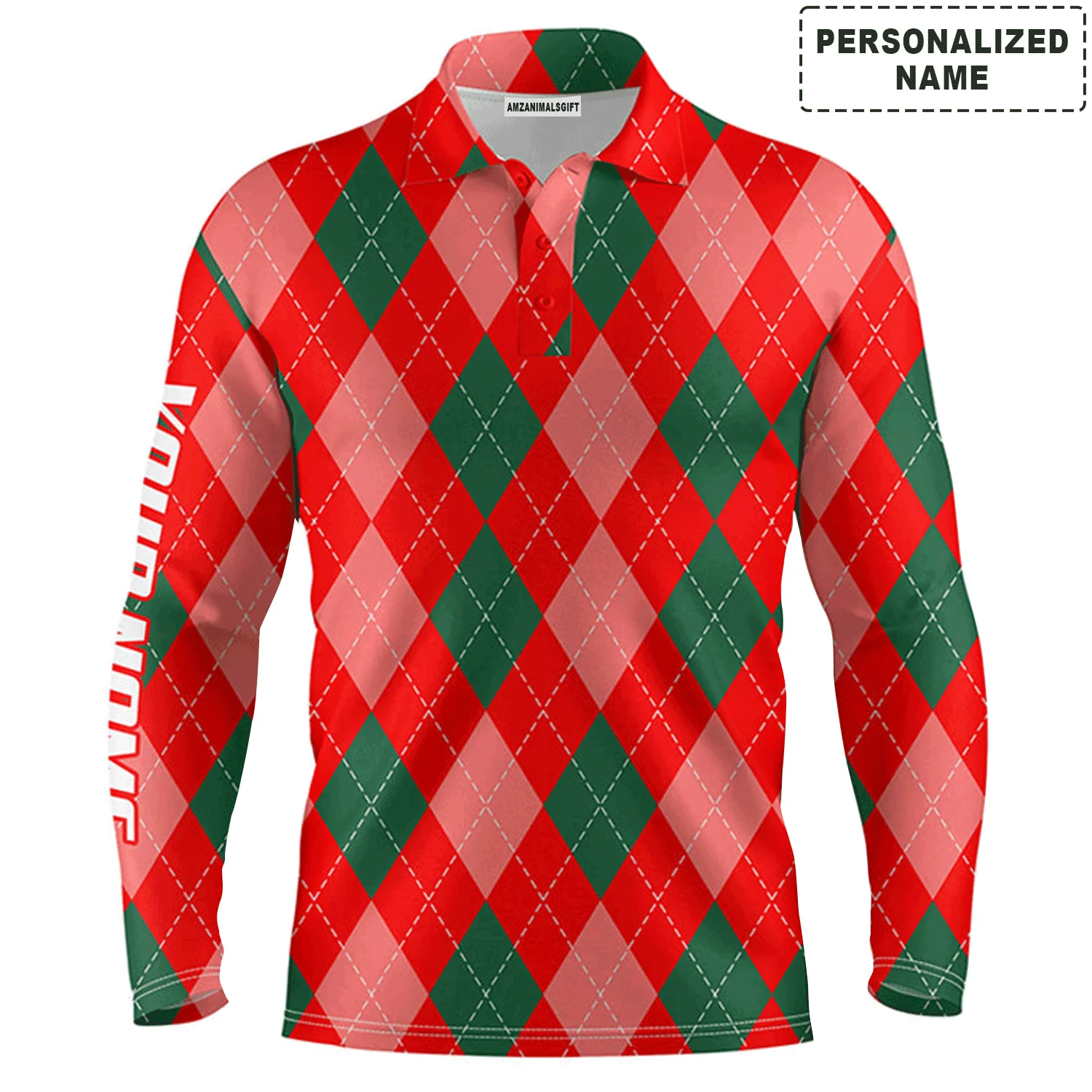 Custom Golf Long Sleeve Men Polo Shirt, Christmas Plaid Red Argyle Pattern Custom Name Apparel, Perfect Gift For Men, Golf Lover - Image 2