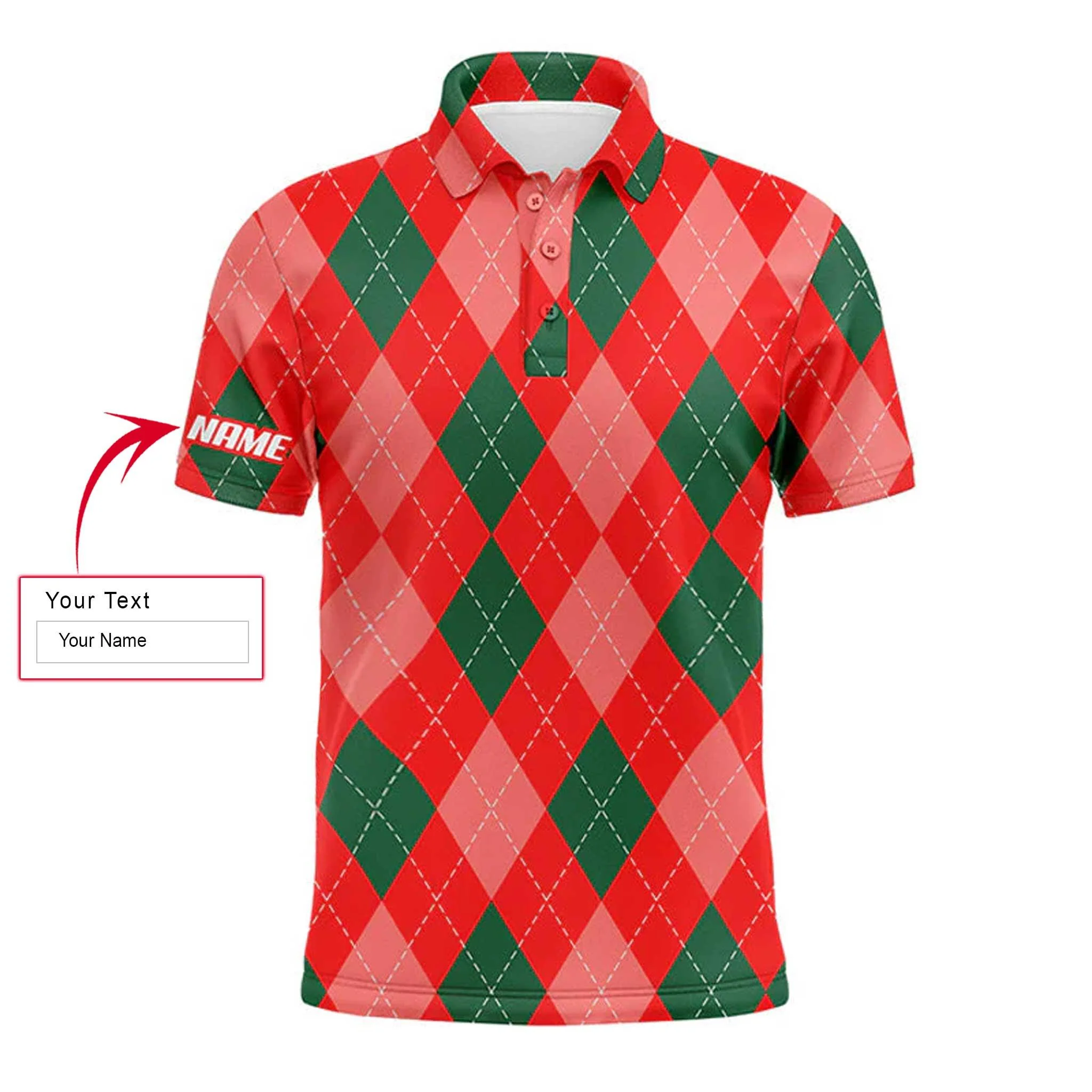 Custom Golf Long Sleeve Men Polo Shirt, Christmas Plaid Red Argyle Pattern Custom Name Apparel, Perfect Gift For Men, Golf Lover - Image 3
