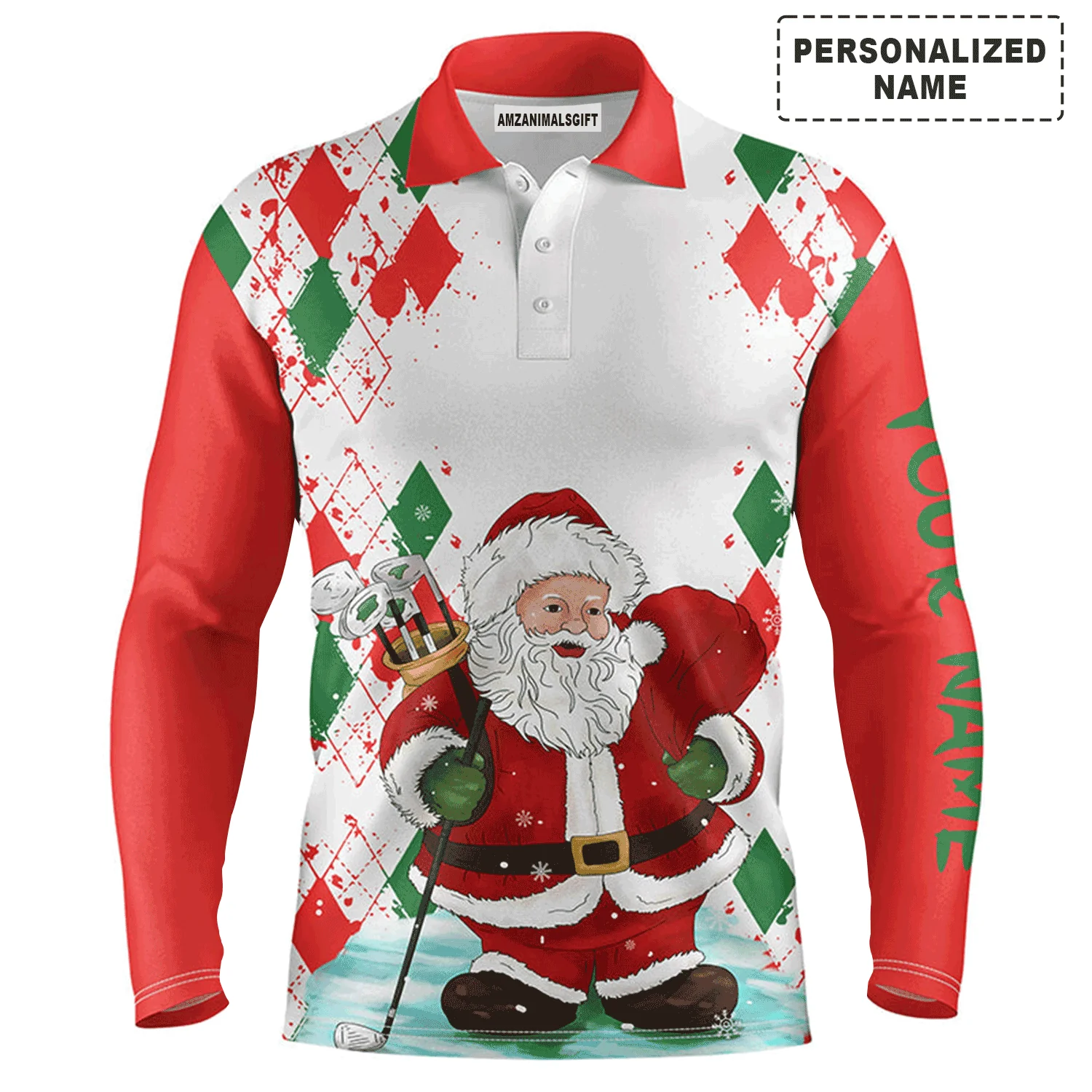 Custom Golf Long Sleeve Men Polo Shirt - Christmas Santa Golfer Custom Name Apparel - Personalized Gift For Golf Lover, Team, Husband, Boyfriend, Men - Image 2