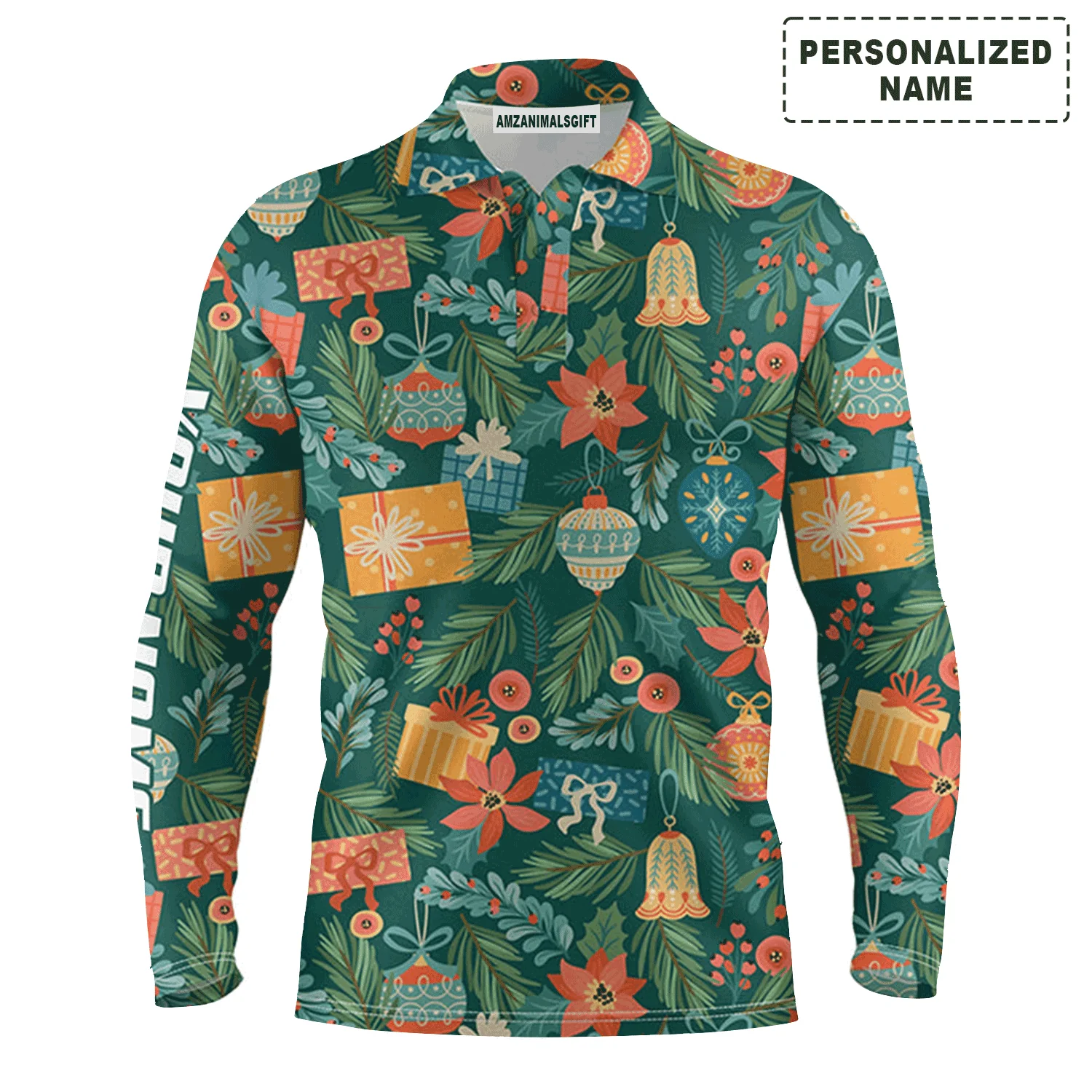 Custom Golf Long Sleeve Men Polo Shirt - Christmas Toys And Gifts Pattern Custom Name Apparel - Personalized Gift Family, Friends - Image 2