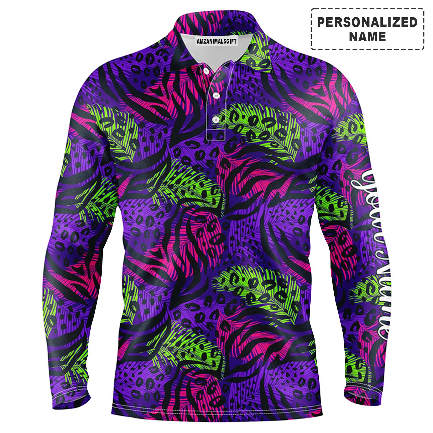 Custom Golf Long Sleeve Men Polo Shirt - Colorful Purple Tropical Background Custom Name Black - Personalized Gift For Golf Lover, Team, Golfers - Image 2