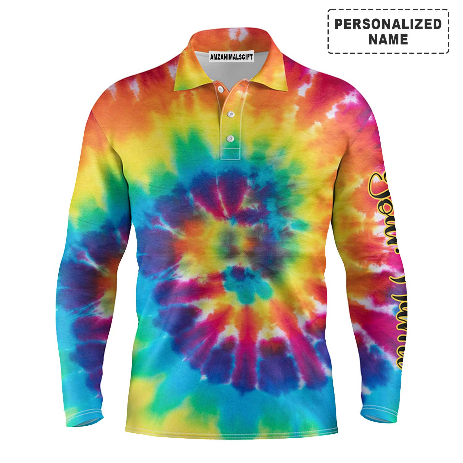 Custom Golf Long Sleeve Men Polo Shirt - Colorful Tie Dye Background Custom Name Golf Men Polo Shirt - Perfect Polo Shirt For Men, Golfers - Image 2