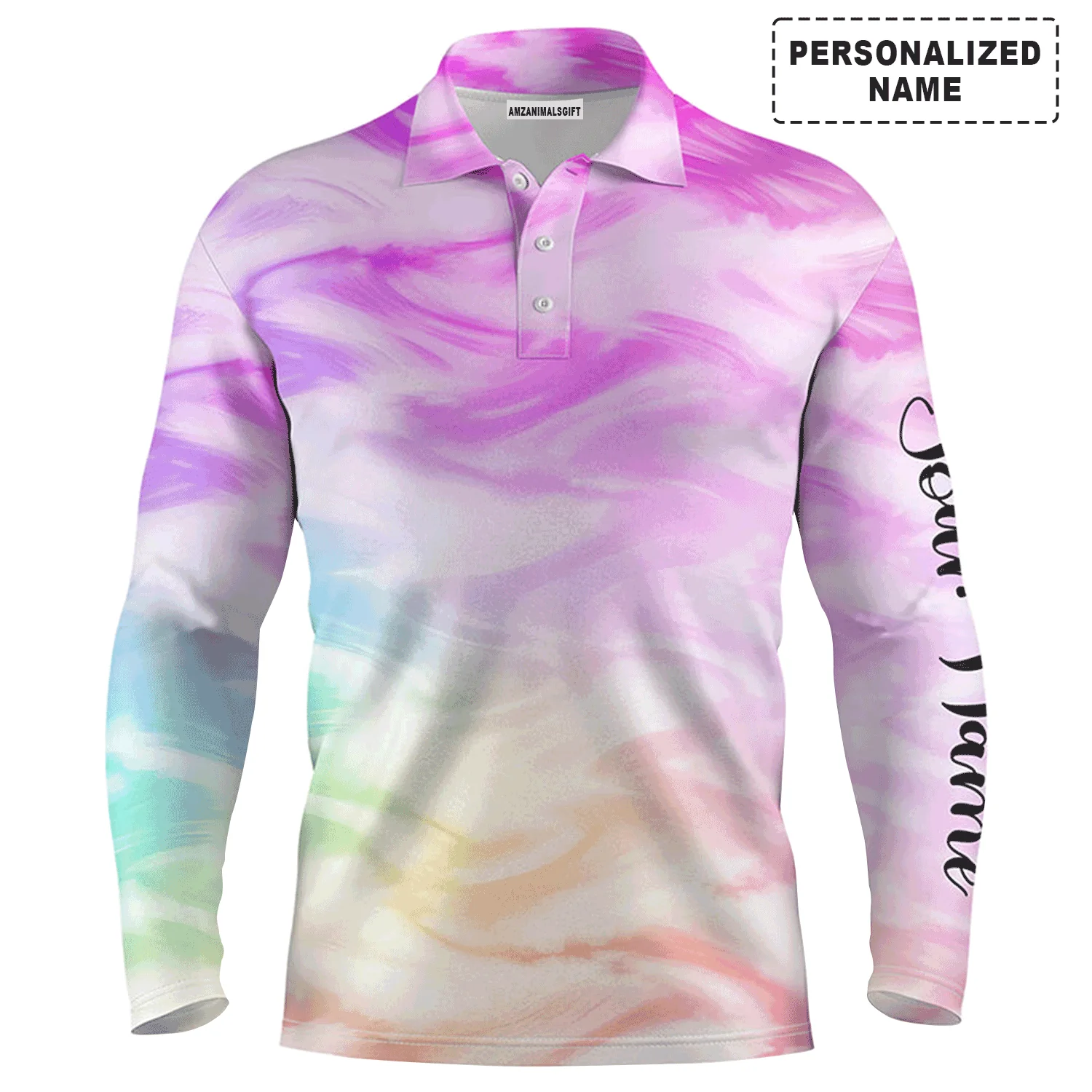 Custom Golf Long Sleeve Men Polo Shirt - Colorful Watercolor Paint Pattern Custom Name Apparel - Personalized Gift For Men, Golf Lover - Image 2