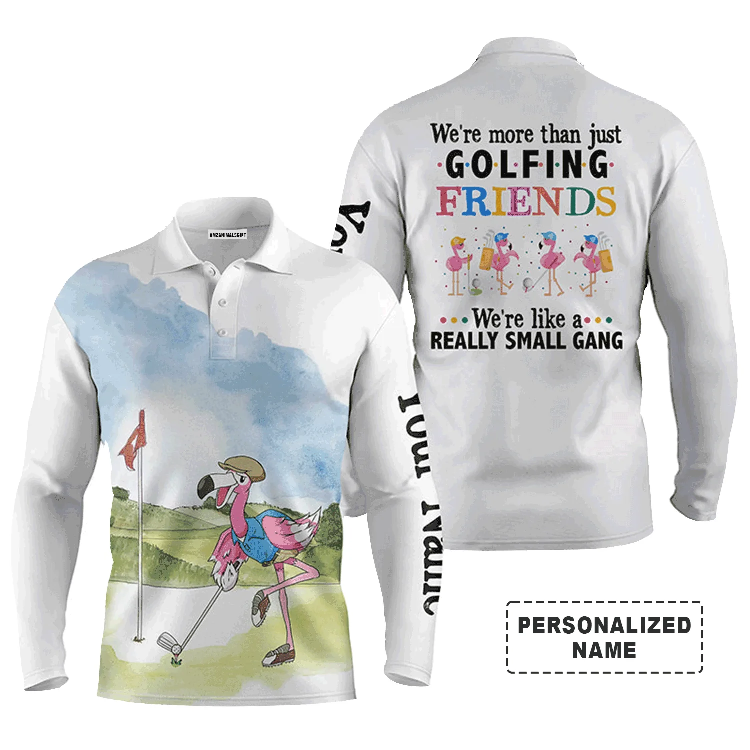 Custom Golf Long Sleeve Men Polo Shirt - Custom Funny Flamingo Apparel - We're More Than Just Golfing Friends - Personalized Gift For Men, Golf Lover - Image 4