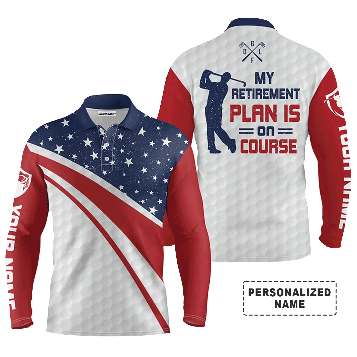 Custom Golf Long Sleeve Men Polo Shirt,Custom Name American Flag Apparel,My Retirement Plan Is On Course Polo Shirt For Men, Golf Lover - Image 2