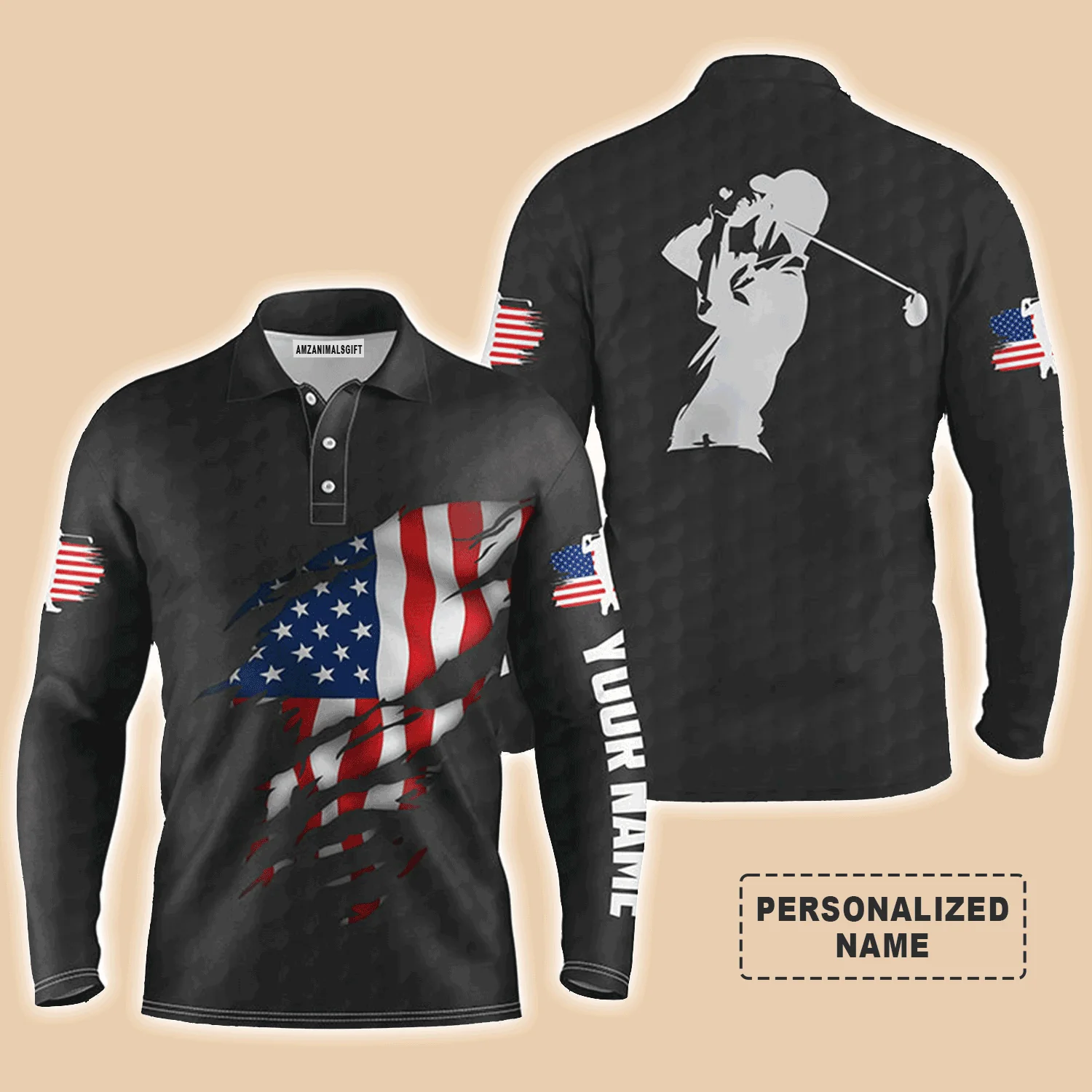 Custom Golf Long Sleeve Men Polo Shirt - Custom Name American Flag Apparel - Personalized Gift For Men, Golf Lover, 4th Of July - Image 2