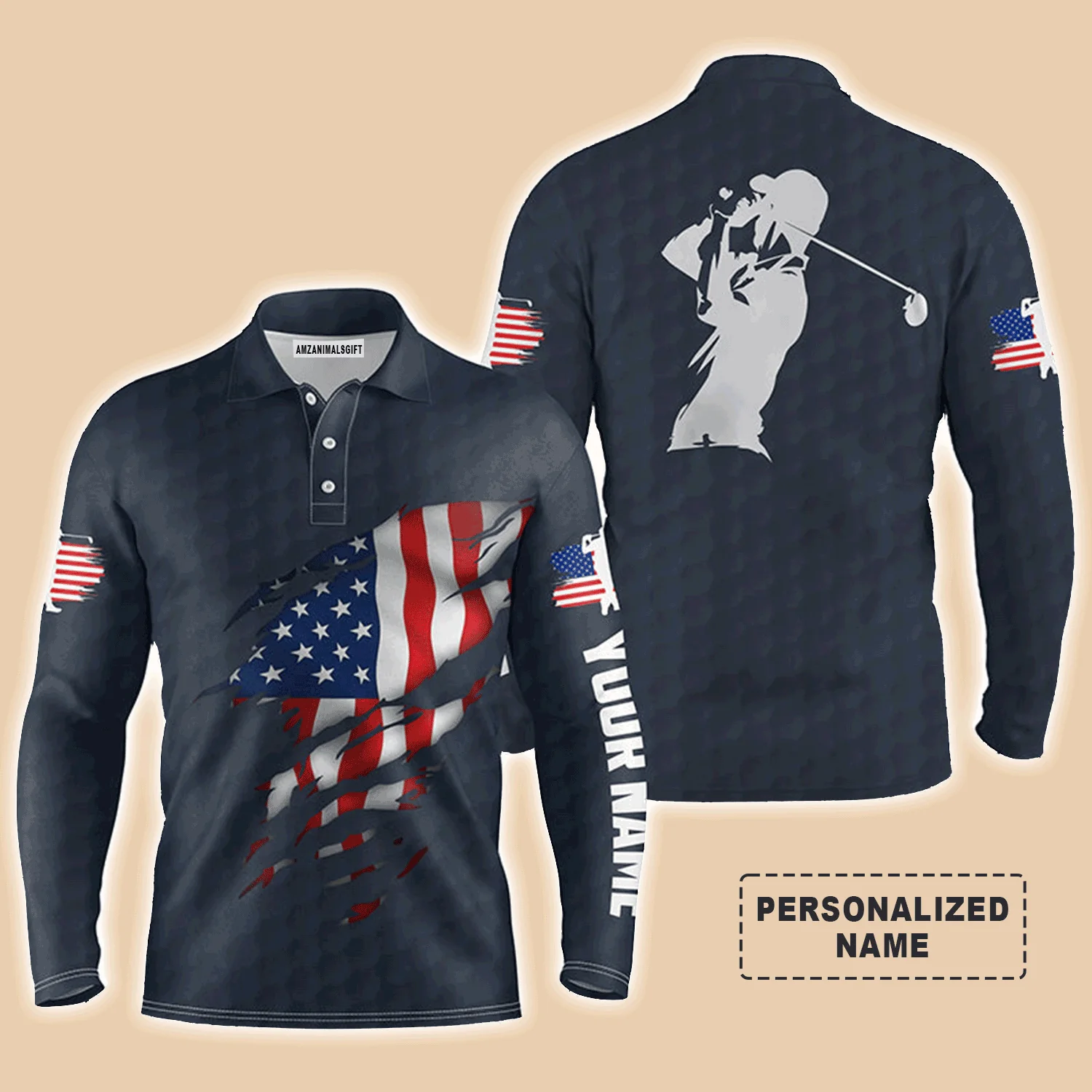 Custom Golf Long Sleeve Men Polo Shirt - Custom Name American Flag Apparel - Personalized Gift For Men, Golf Lover, 4th Of July - Image 3
