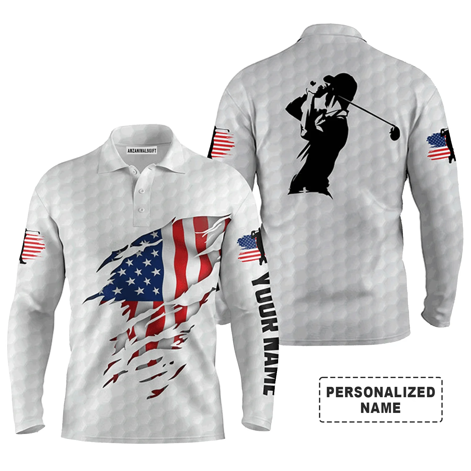Custom Golf Long Sleeve Men Polo Shirt - Custom Name American Flag Apparel - Personalized Gift For Men, Golf Lover, 4th Of July - Image 7