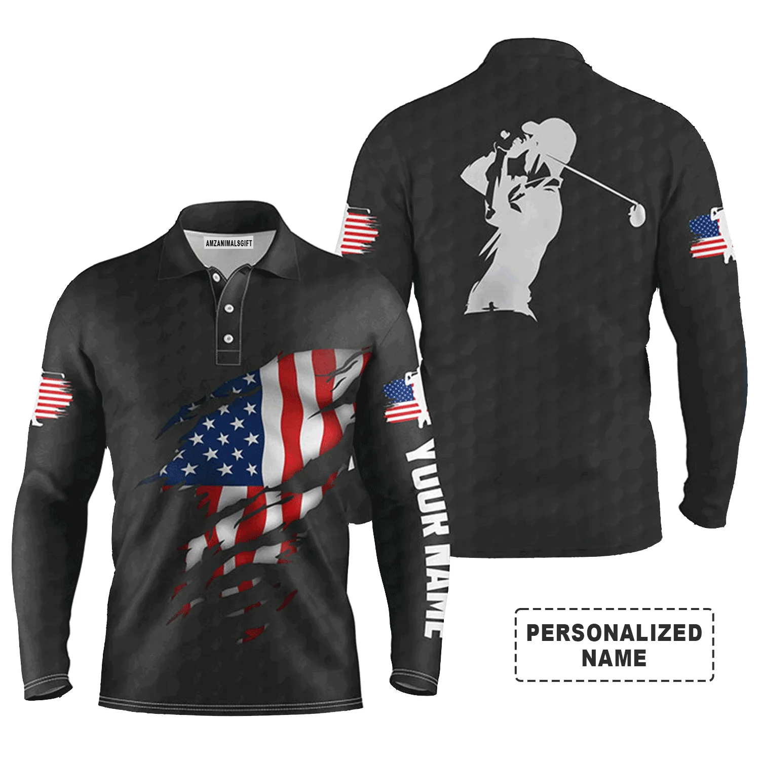 Custom Golf Long Sleeve Men Polo Shirt - Custom Name American Flag Apparel - Personalized Gift For Men, Golf Lover, 4th Of July - Image 9
