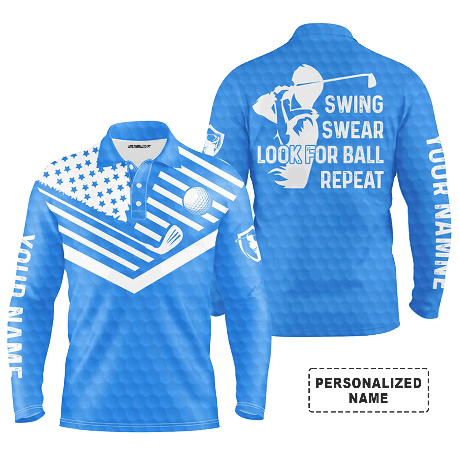 Custom Golf Long Sleeve Men Polo Shirt - Custom Name American Flag Apparel - Swing Swear Look For Ball Repeat Men Golf Polo Shirt - Image 15