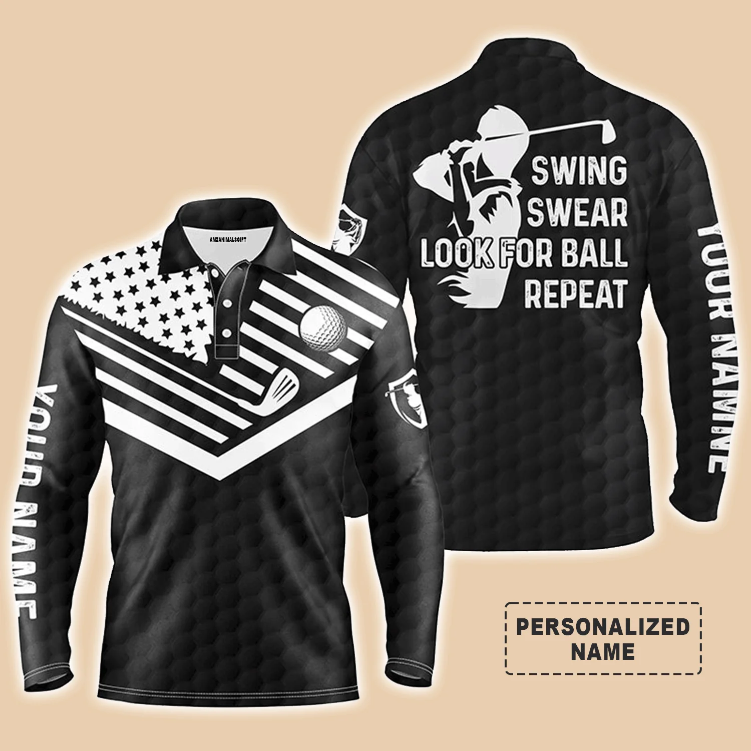 Custom Golf Long Sleeve Men Polo Shirt - Custom Name American Flag Apparel - Swing Swear Look For Ball Repeat Men Golf Polo Shirt - Image 2