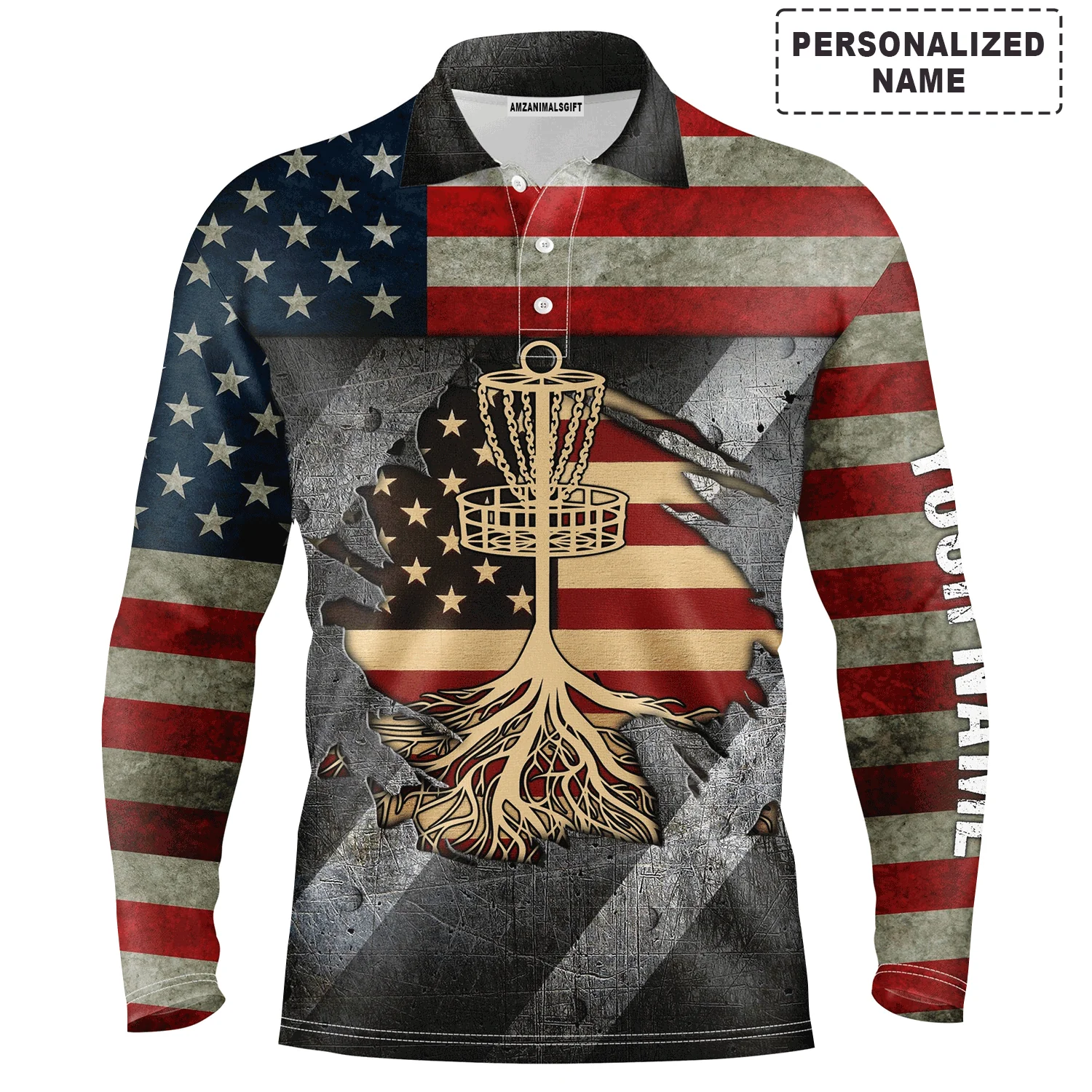 Custom Golf Long Sleeve Men Polo Shirt - Custom Name American Flag Disc Golf Basket Apparel - Perfect Gift For Men, Golf Lover - Image 2