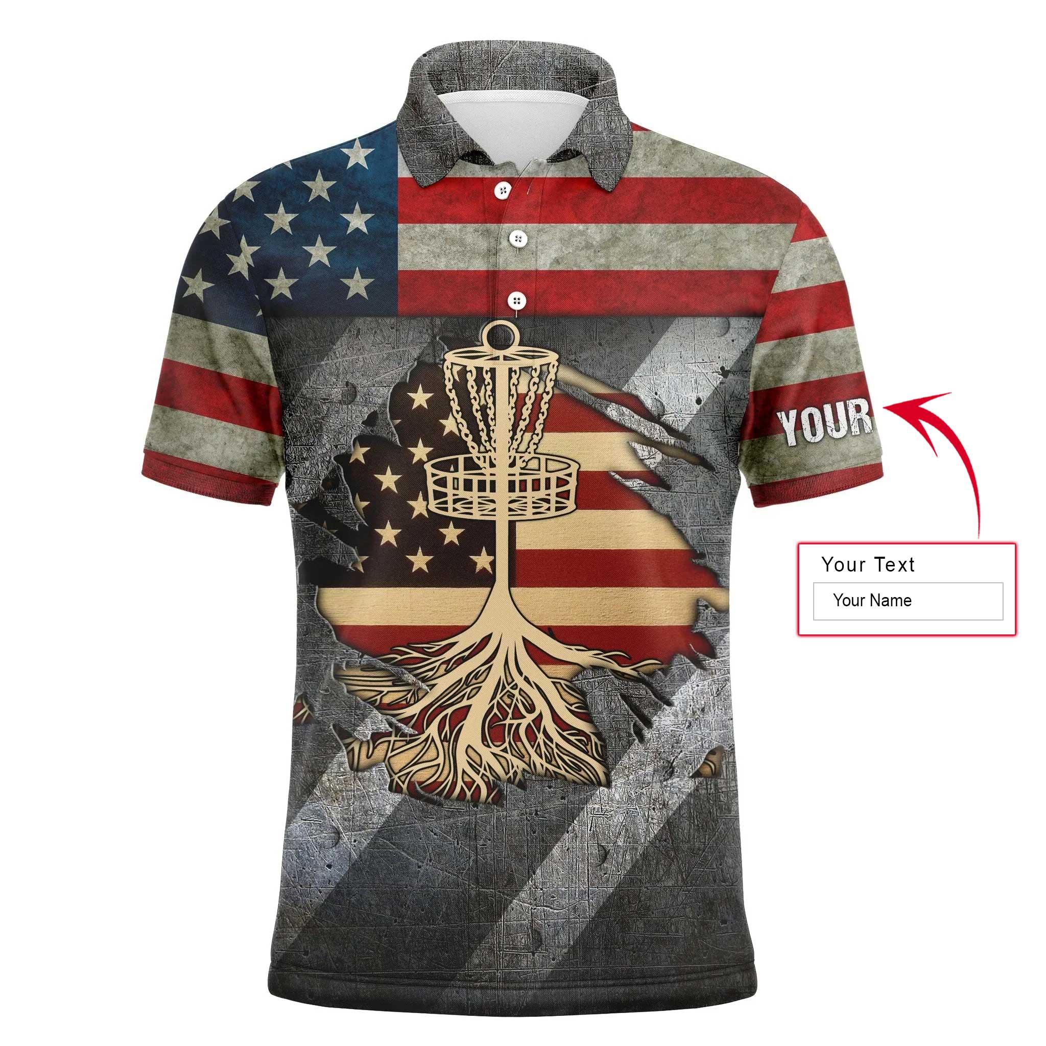 Custom Golf Long Sleeve Men Polo Shirt - Custom Name American Flag Disc Golf Basket Apparel - Perfect Gift For Men, Golf Lover - Image 3