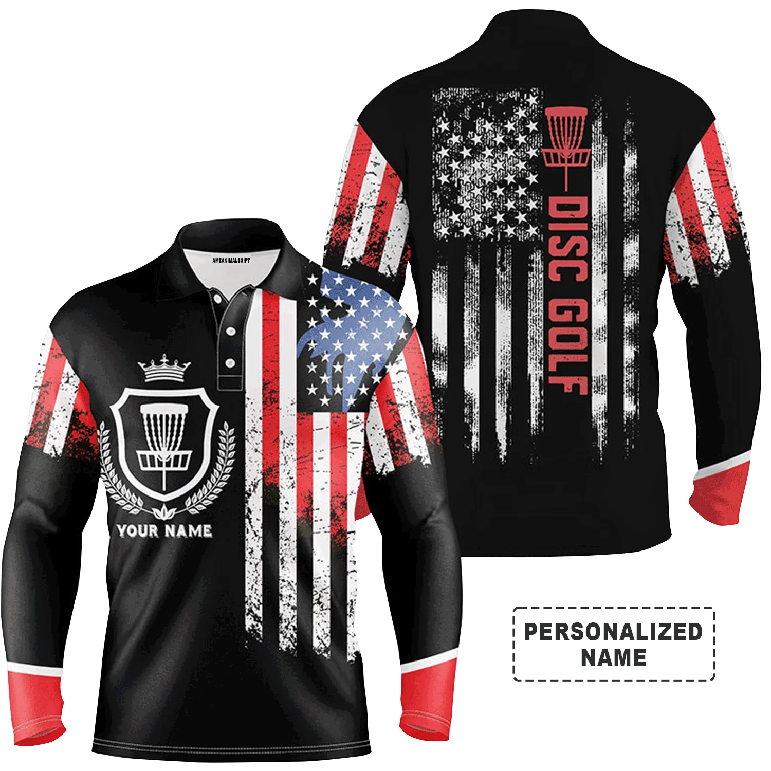 Custom Golf Long Sleeve Men Polo Shirt - Custom Name American Flag Disc Golf Basket Apparel - Personalized Gift For Men, Disc Golf Lover - Image 2