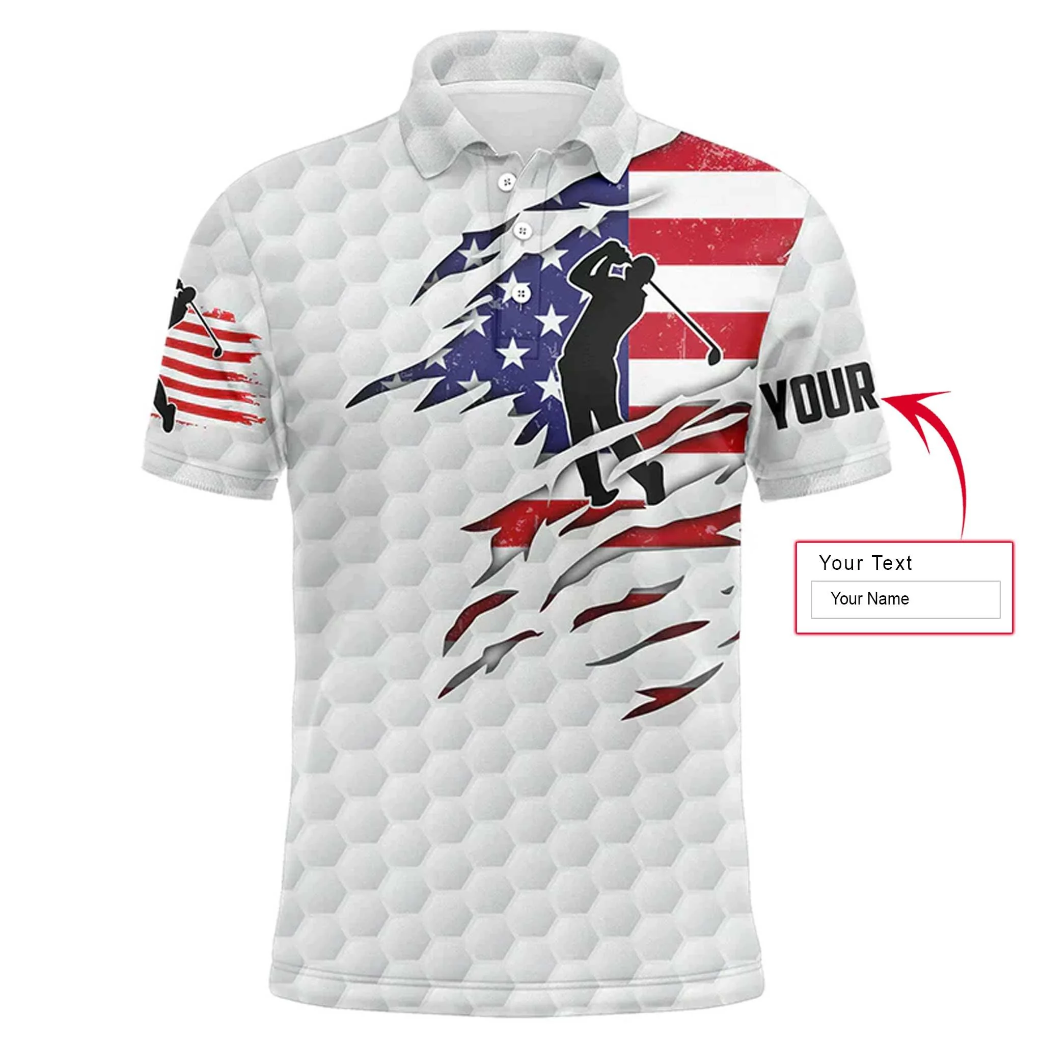 Custom Golf Long Sleeve Men Polo Shirt - Custom Name American Flag Patriot White Golf Balls Apparel For Men, Golf Lover - Image 3