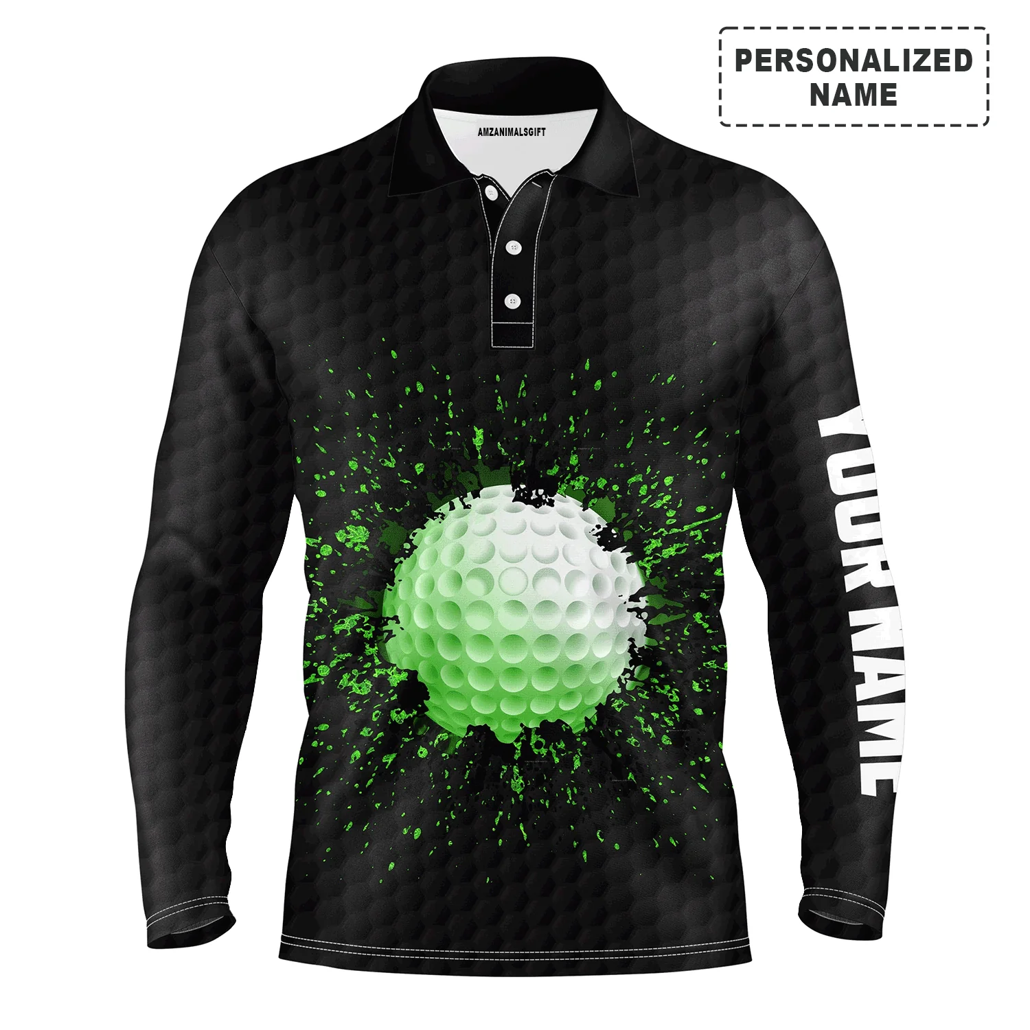 Custom Golf Long Sleeve Men Polo Shirt- Custom Name Black Splatter Apparel Men Polo Shirt - Perfect Gift For Men, Golf Lover - Image 2