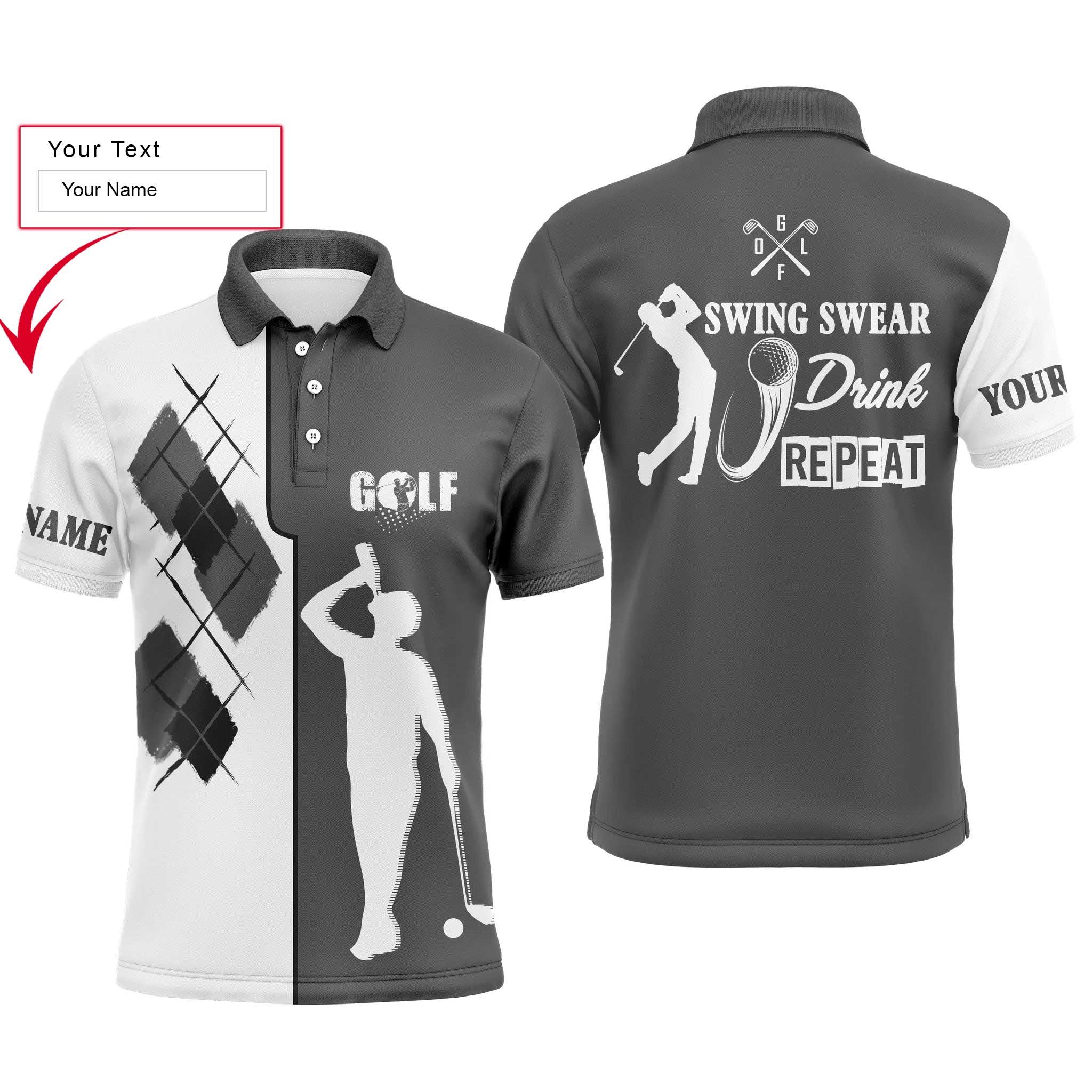 Custom Golf Long Sleeve Men Polo Shirt - Custom Name Black White Apparel, Swing Swear Drink Repeat Men Golf Polo Shirt- Perfect Polo Shirt For Men - Image 3