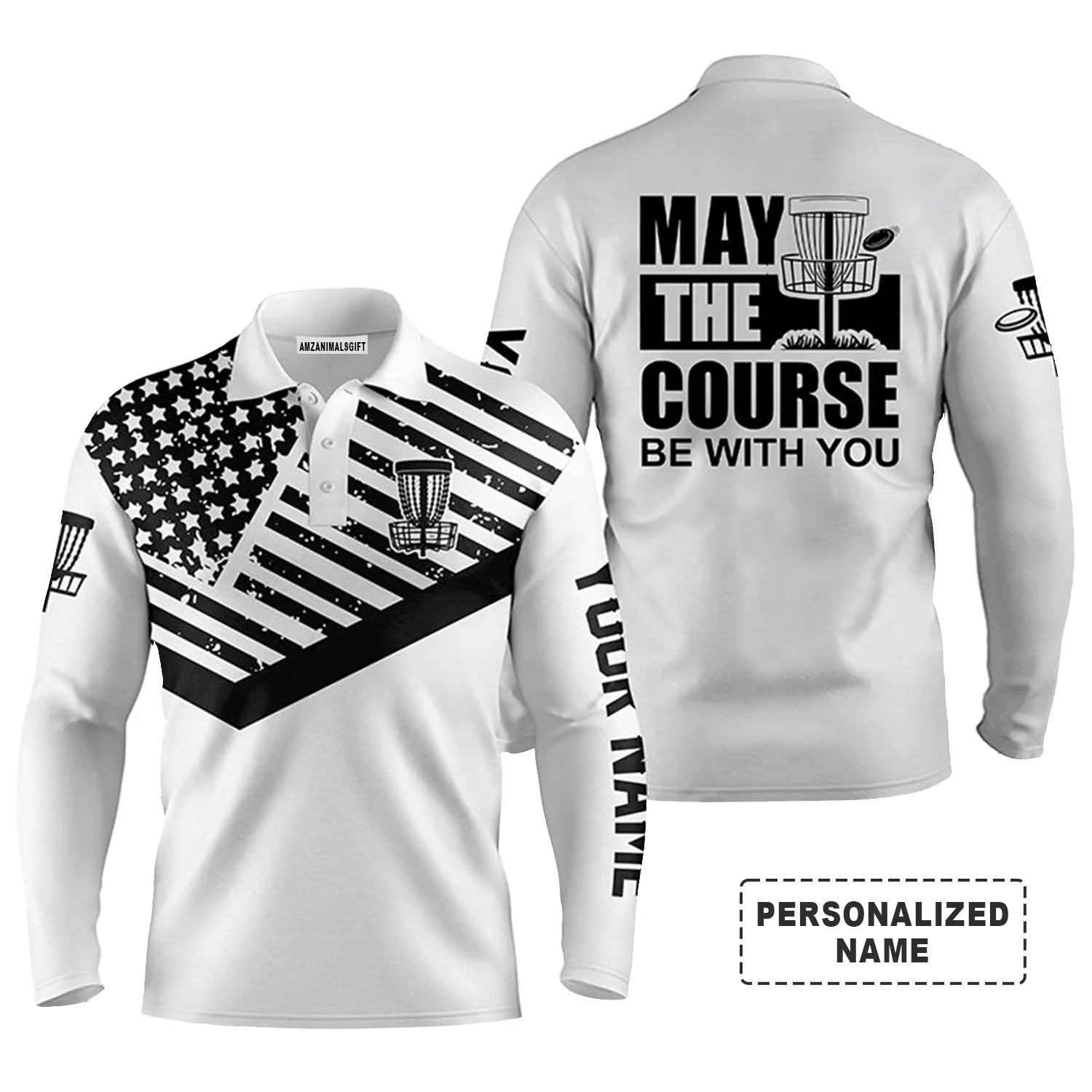 Custom Golf Long Sleeve Men Polo Shirt- Custom Name Black White US Flag Apparel, May The Course Be With You Men Polo Shirt -Perfect Polo Shirt For Men - Image 2