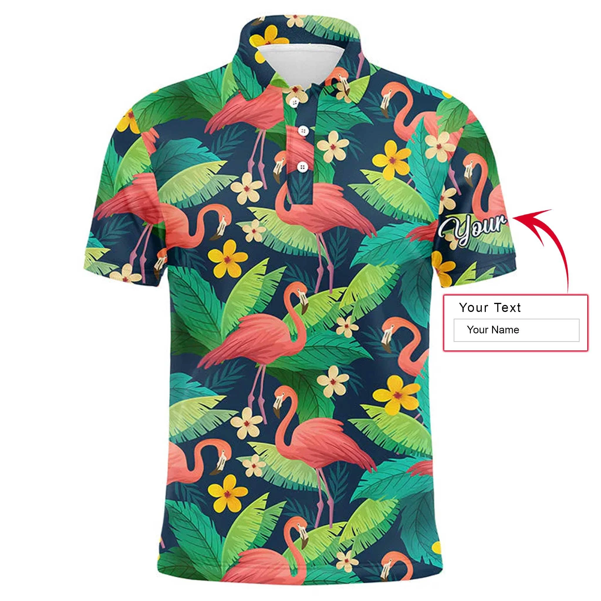 Custom Golf Long Sleeve Men Polo Shirt - Custom Name Colorful Flamingo Pattern Green Tropical Leaves Apparel - Personalized Gift For Men, Golf Lover - Image 3