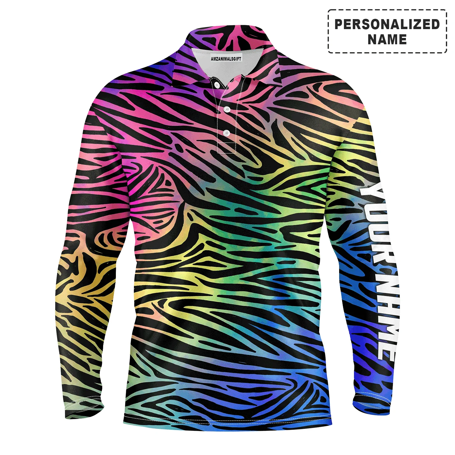 Custom Golf Long Sleeve Men Polo Shirt - Custom Name Colorful Neon Rainbow Zebra Skin Pattern Apparel - Personalized Gift For Men, Golf Lover - Image 2