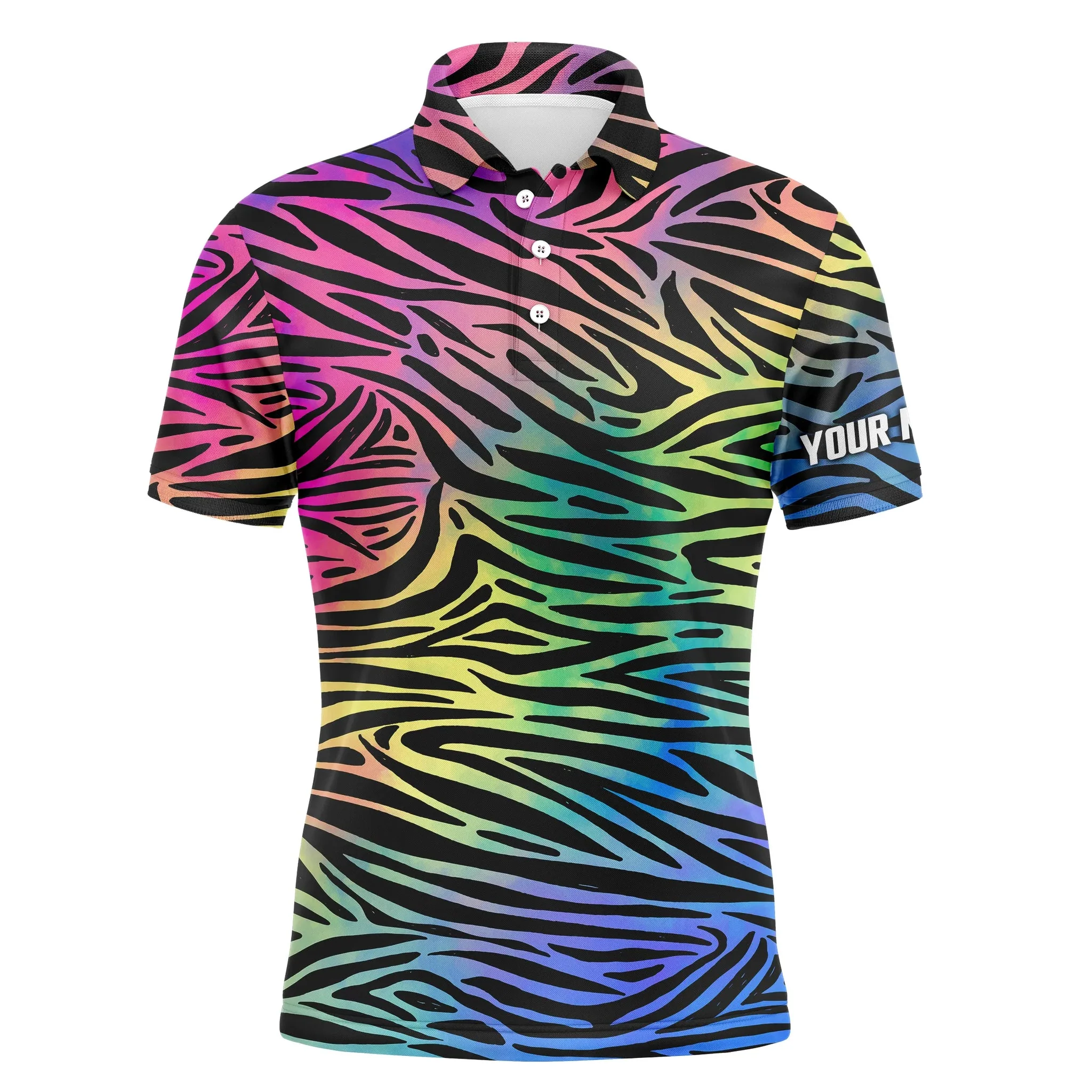 Custom Golf Long Sleeve Men Polo Shirt - Custom Name Colorful Neon Rainbow Zebra Skin Pattern Apparel - Personalized Gift For Men, Golf Lover - Image 3