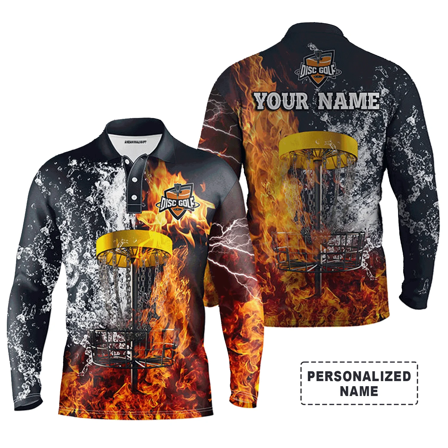 Custom Golf Long Sleeve Men Polo Shirt- Custom Name Fire And Water Disc Golf Basket Apparel- Best Sports Gifts For Disc Golf Lover - Image 2