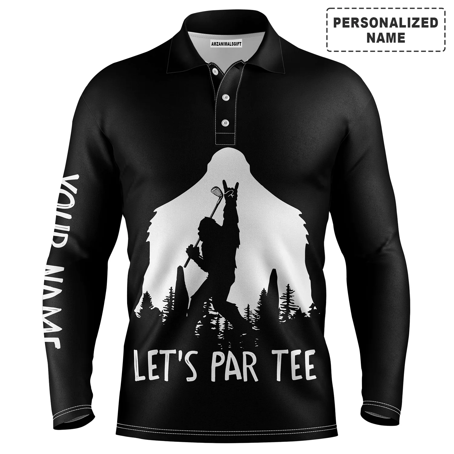 Custom Golf Long Sleeve Men Polo Shirt, Custom Name Funny Bigfoot Let's Par Tee Black Apparel - Perfect Gift For Men, Golf Lover - Image 2