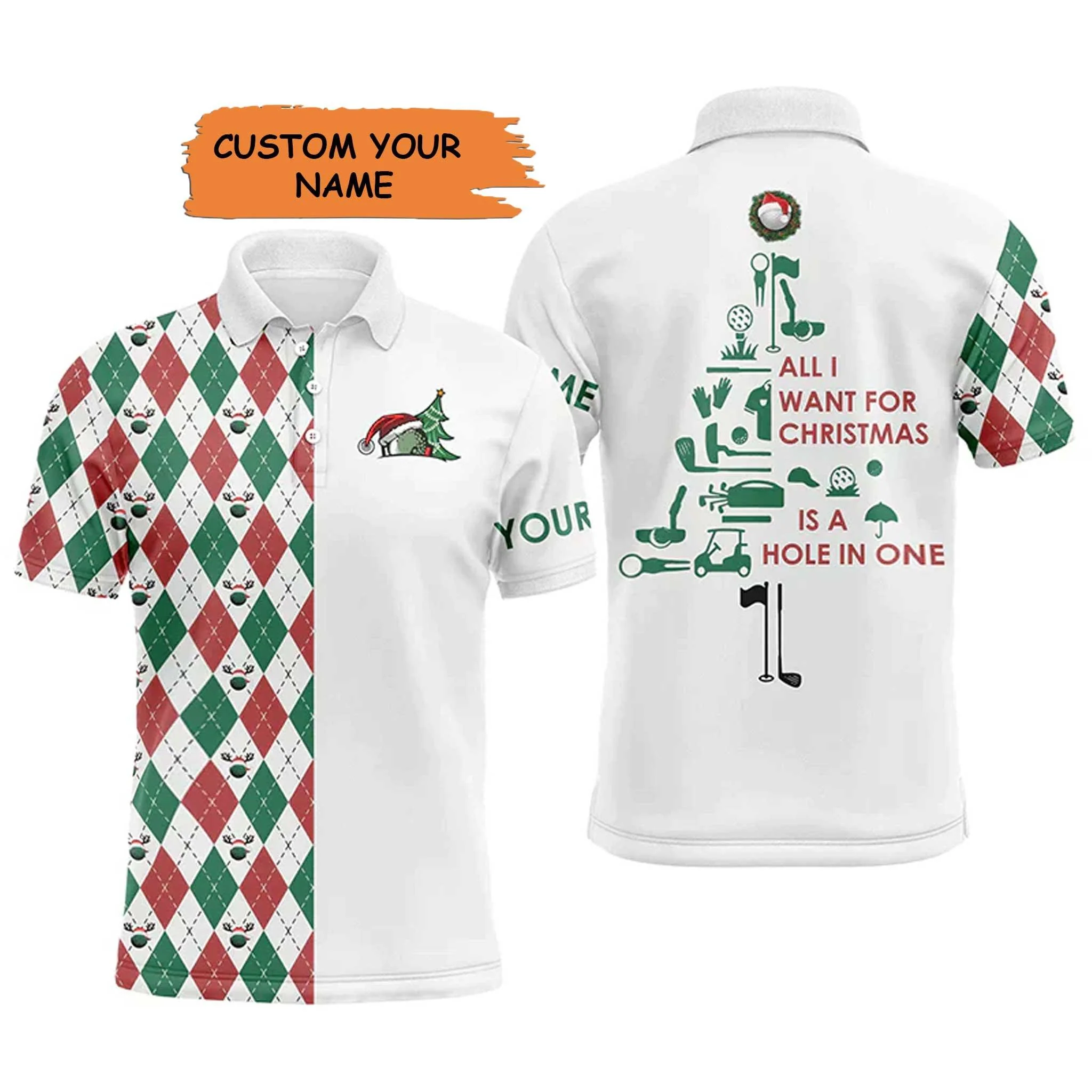 Custom Golf Long Sleeve Men Polo Shirt, Custom Name Funny Christmas Tree All I Want For Christmas Is A Hole In One Polo Shirt For Men, Golf Lover