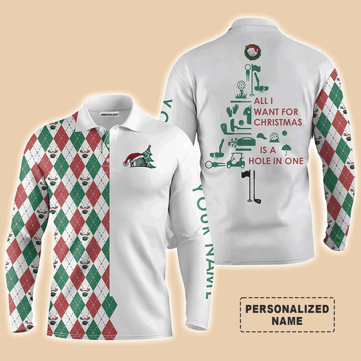 Custom Golf Long Sleeve Men Polo Shirt, Custom Name Funny Christmas Tree All I Want For Christmas Is A Hole In One Polo Shirt For Men, Golf Lover - Image 2