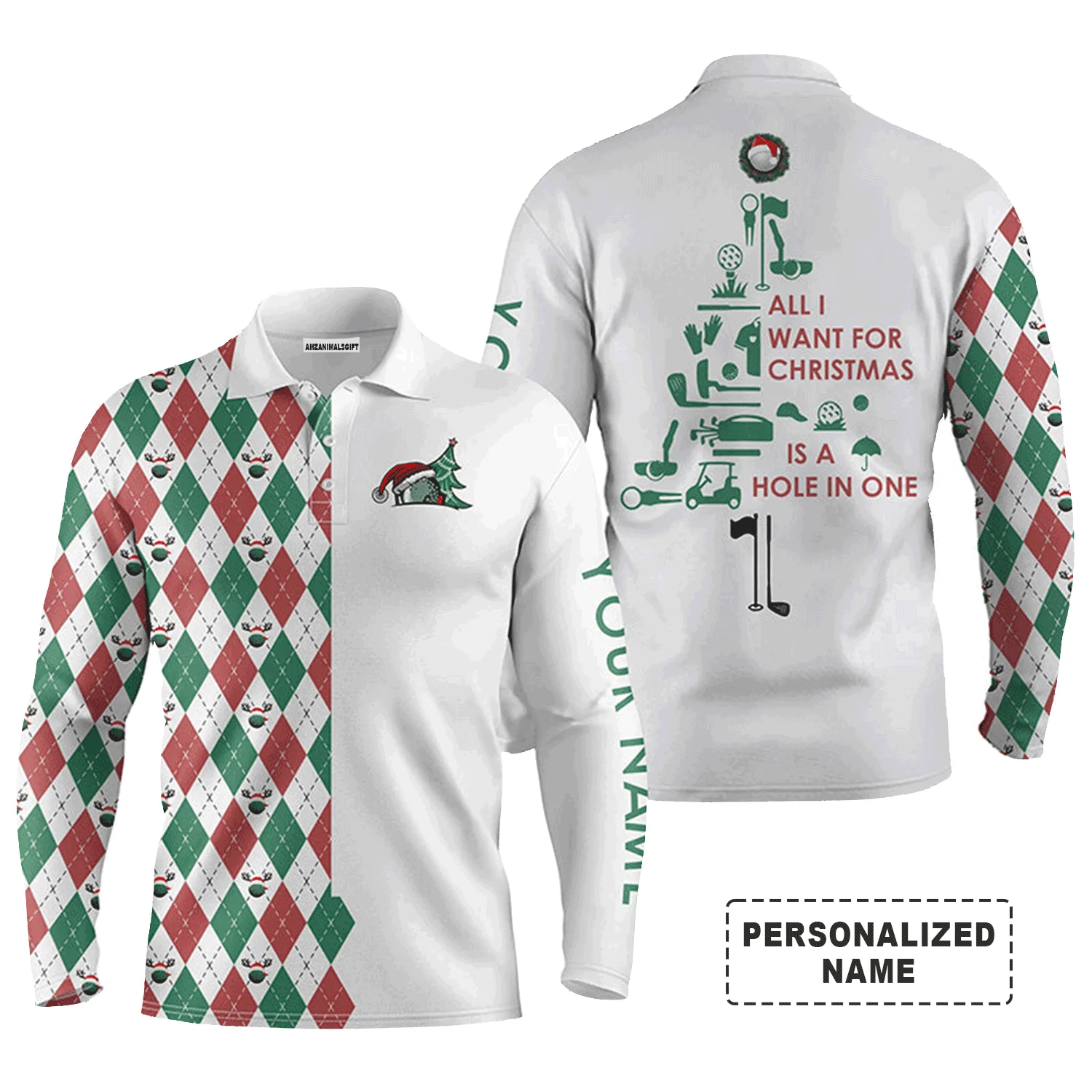 Custom Golf Long Sleeve Men Polo Shirt, Custom Name Funny Christmas Tree All I Want For Christmas Is A Hole In One Polo Shirt For Men, Golf Lover - Image 3